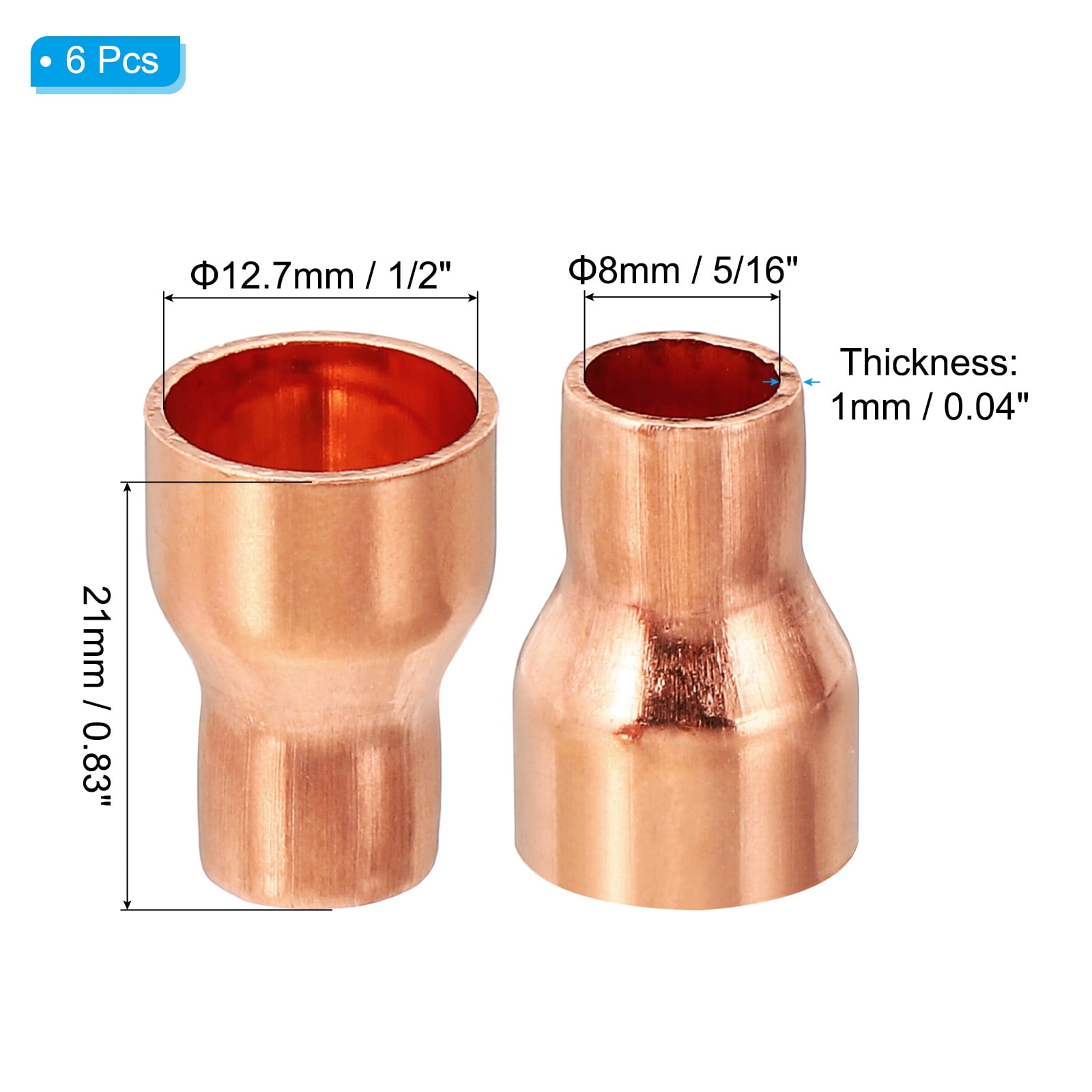 Uxcell Copper Reducing Coupling Pipe Adapter (1/2 in to 5/16 in ID, 6 Pack) w6it3