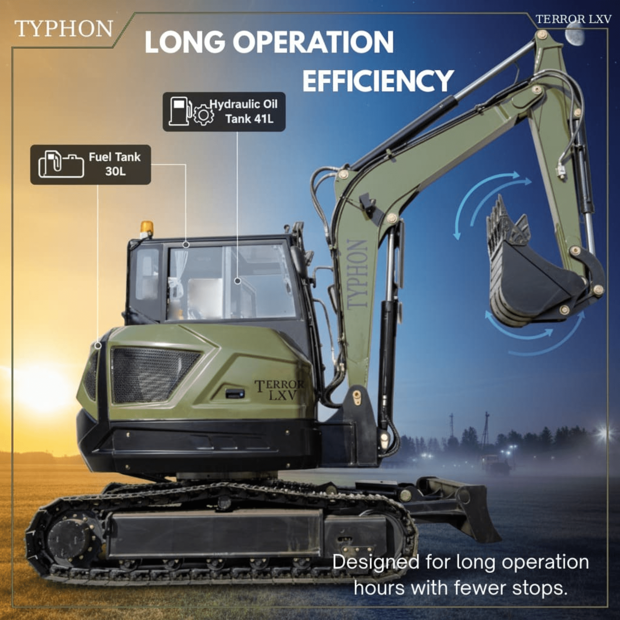 TYPHON TERROR LXV 6.6-Ton Excavator with Kubota V2607 Diesel Engine (56.9 HP, Enclosed Cab) gx0hq