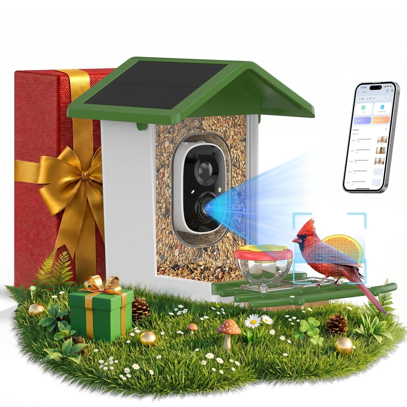 MADTASK Smart Bird Feeder with Camera, Solar Powered Outdoor Wireless WiFi Birdhouse with AI Recognition (Green, 1 Pack) nvml9