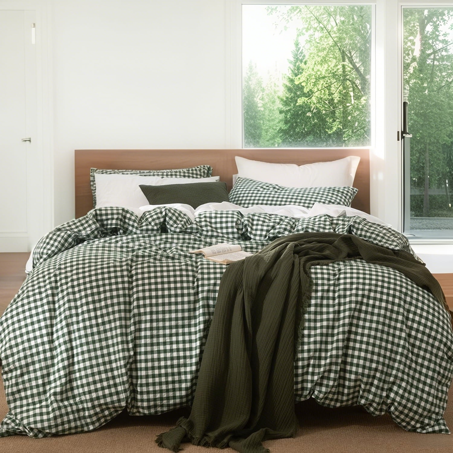 Nayoroom Organic Cotton Gingham Duvet Cover Set, Breathable Textured Bedding with Corner Ties (Dark Green, Queen) ctzkp
