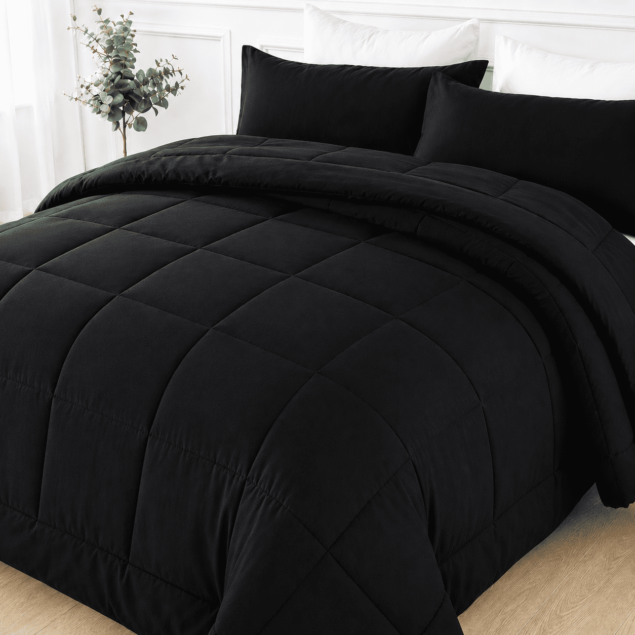 YEPCLUB 3-Piece Queen Size Comforter Set, Reversible Down Alternative Bedding with Pillowcases (Black, 88 in x 90 in) vwvlw