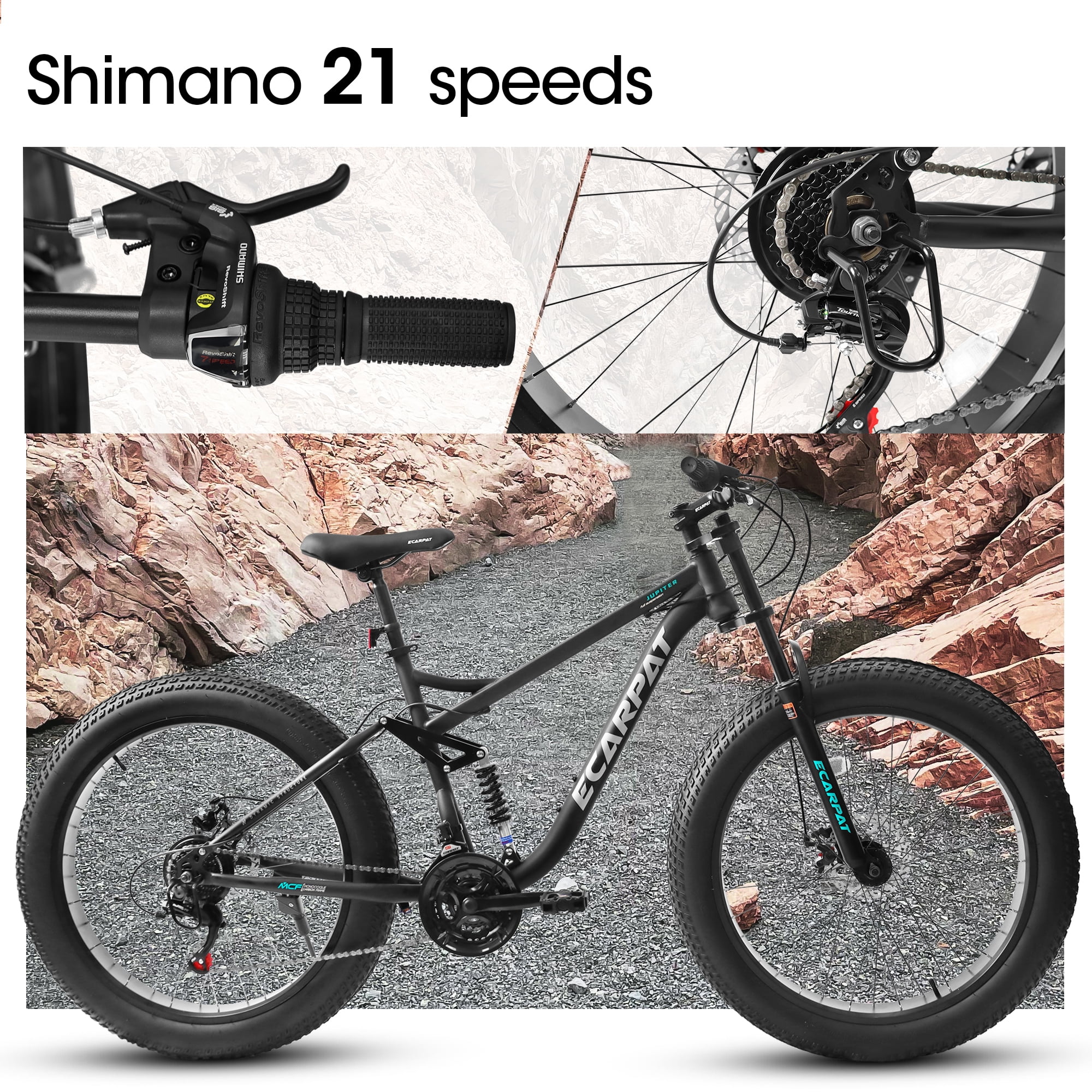 Ambifirner 26 in Fat Tire Mountain Bike, Full Suspension All-Terrain Bicycle with Shimano 21-Speed Drivetrain (Black, 26 in) 8g0rq