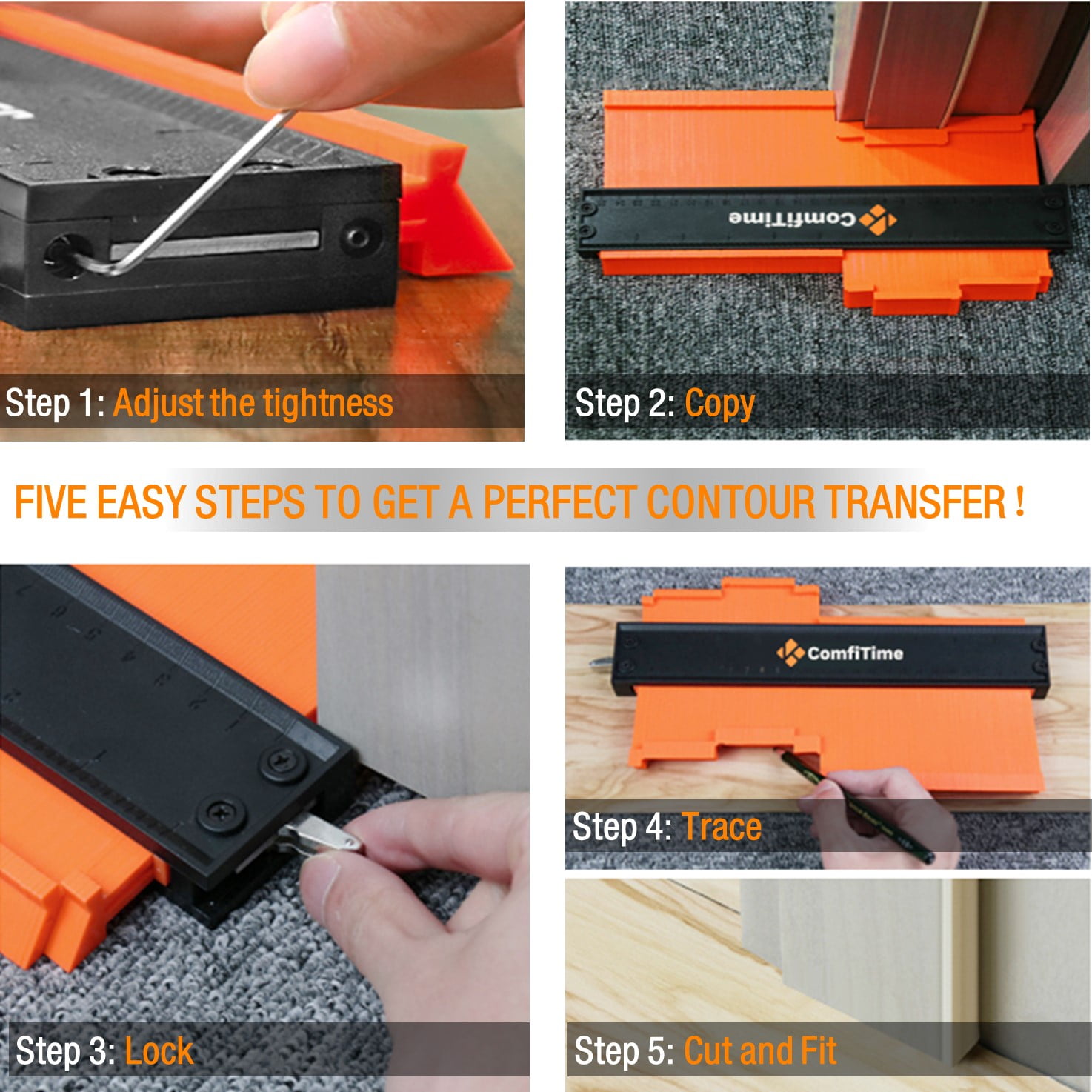 ComfiTime Contour Gauge Profile Tool with Lock (2-Pack, 10 in and 5 in, Orange) icunf