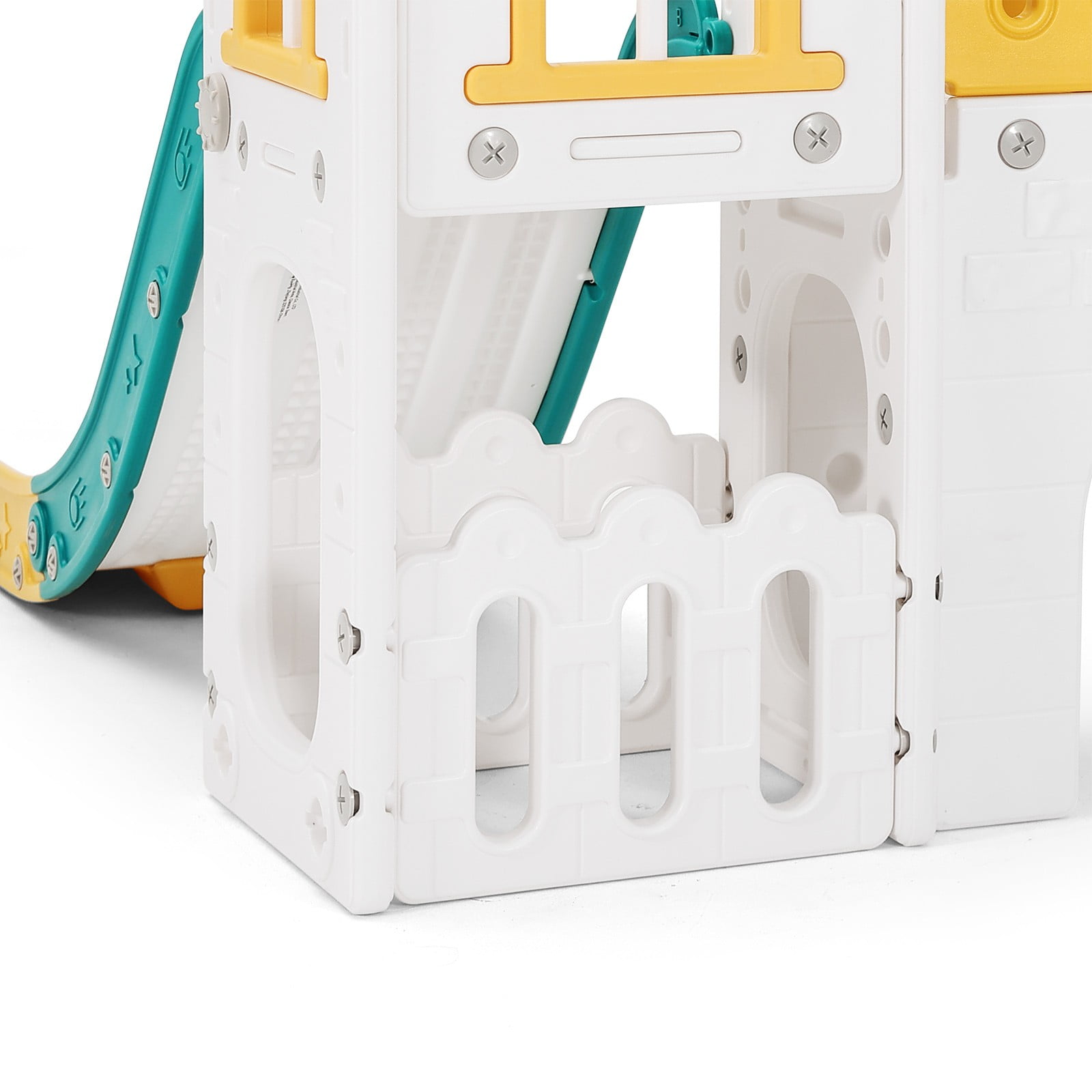 Joyldias 9-in-1 Toddler Slide and Playhouse Playset with Basketball Hoop and Climbing Ladder (Green, Yellow, White) k0fc2