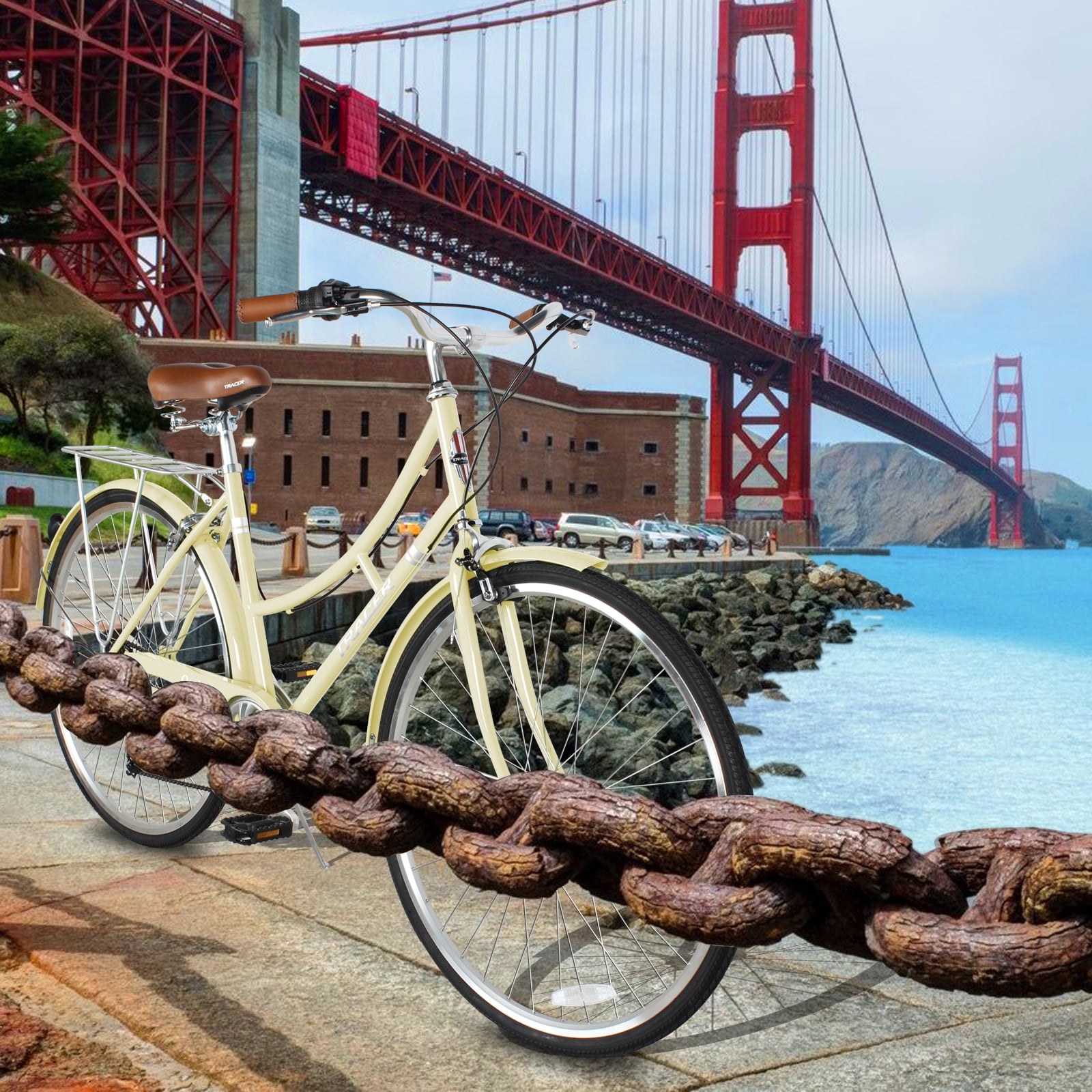 Tracer Osaka Hybrid City Bike for Women, Shimano 7-Speed Commuter Bicycle with Steel Frame (Vanilla, 19 in Frame) jpprd