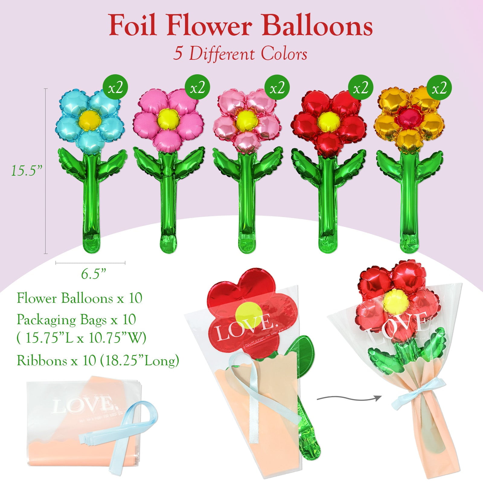Wrapables Aluminum Foil Flower Balloons for Party Decorations (Multi-Color, 10 Pack, 15.5 in x 6.5 in) lhqji