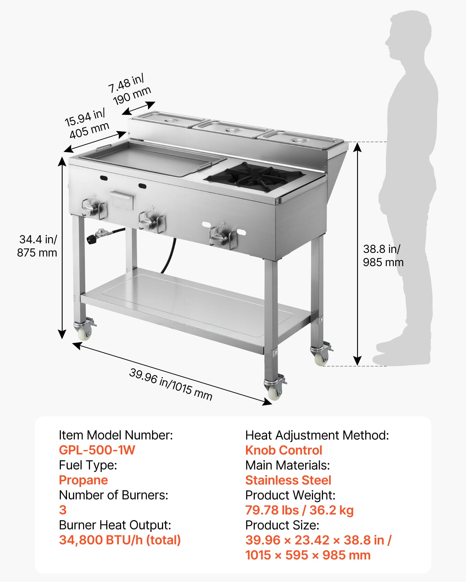 VEVOR Outdoor Propane Griddle, 3-Burner Commercial Stainless Steel Cooking Cart with Wheels and 3 Food Pans 2kqvv