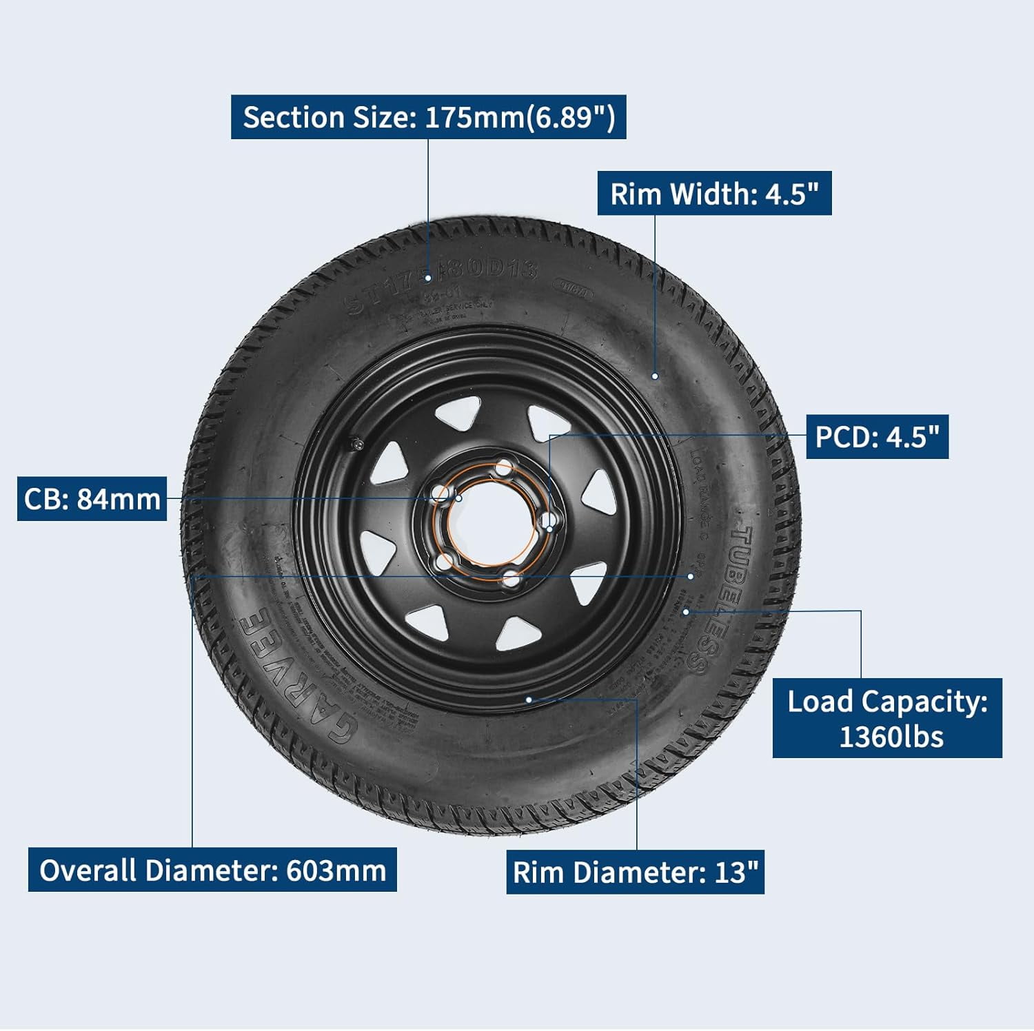 Historyli ST175/80D13 Trailer Tires and Rims (2-Pack, 6PR Load Range C, 5 Lug 4.5 in Bolt Pattern, Black) 1t7gf