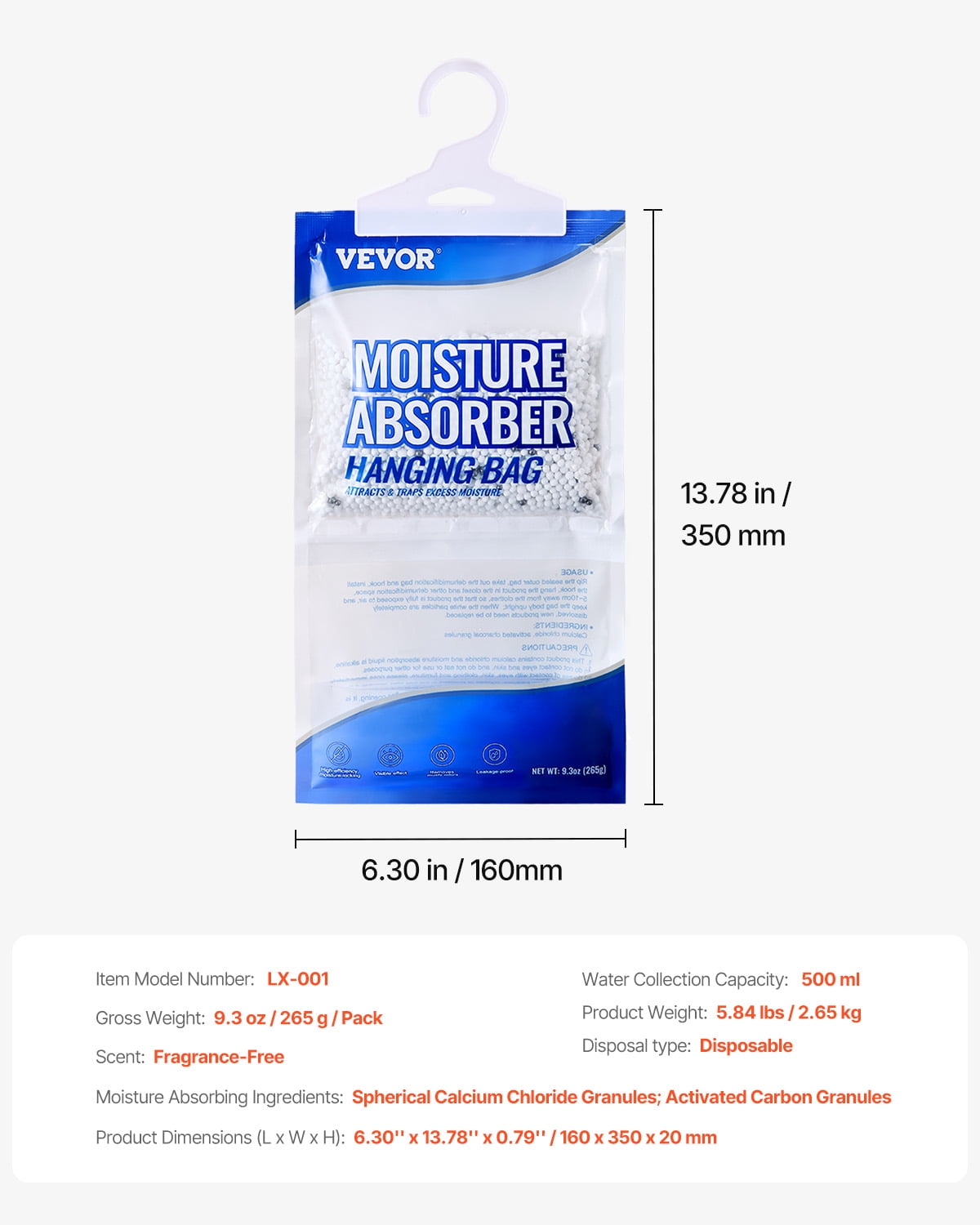 VEVOR Hanging Moisture Absorber Bags, Closet Dehumidifier for Damp Spaces (White, 9.3 oz, 10 Pack) odhkj
