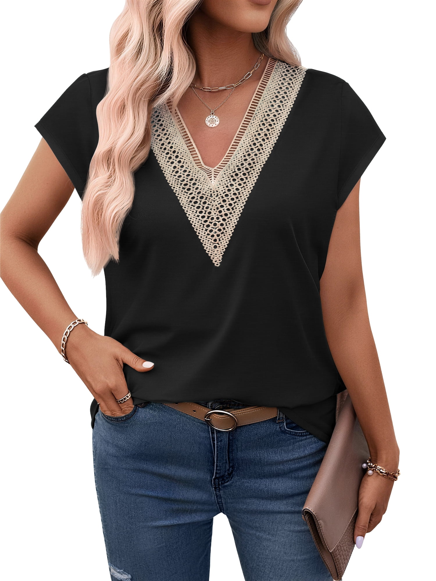 Fantaslook Womens Lace Blouse V Neck Cap Sleeve Casual Summer Top (Black, L) w2qfk