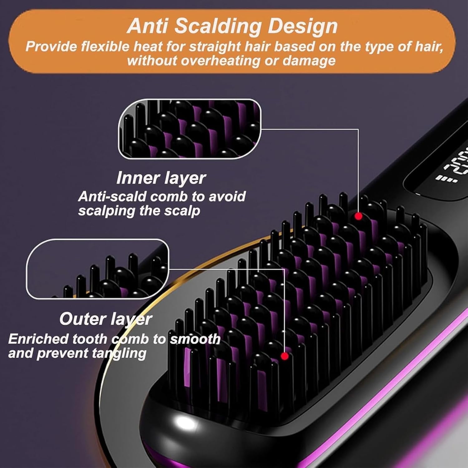 Generic Cordless Hair Straightener Brush, Portable Ceramic Hot Comb with LCD Display (Black, 1 Count) u3yae