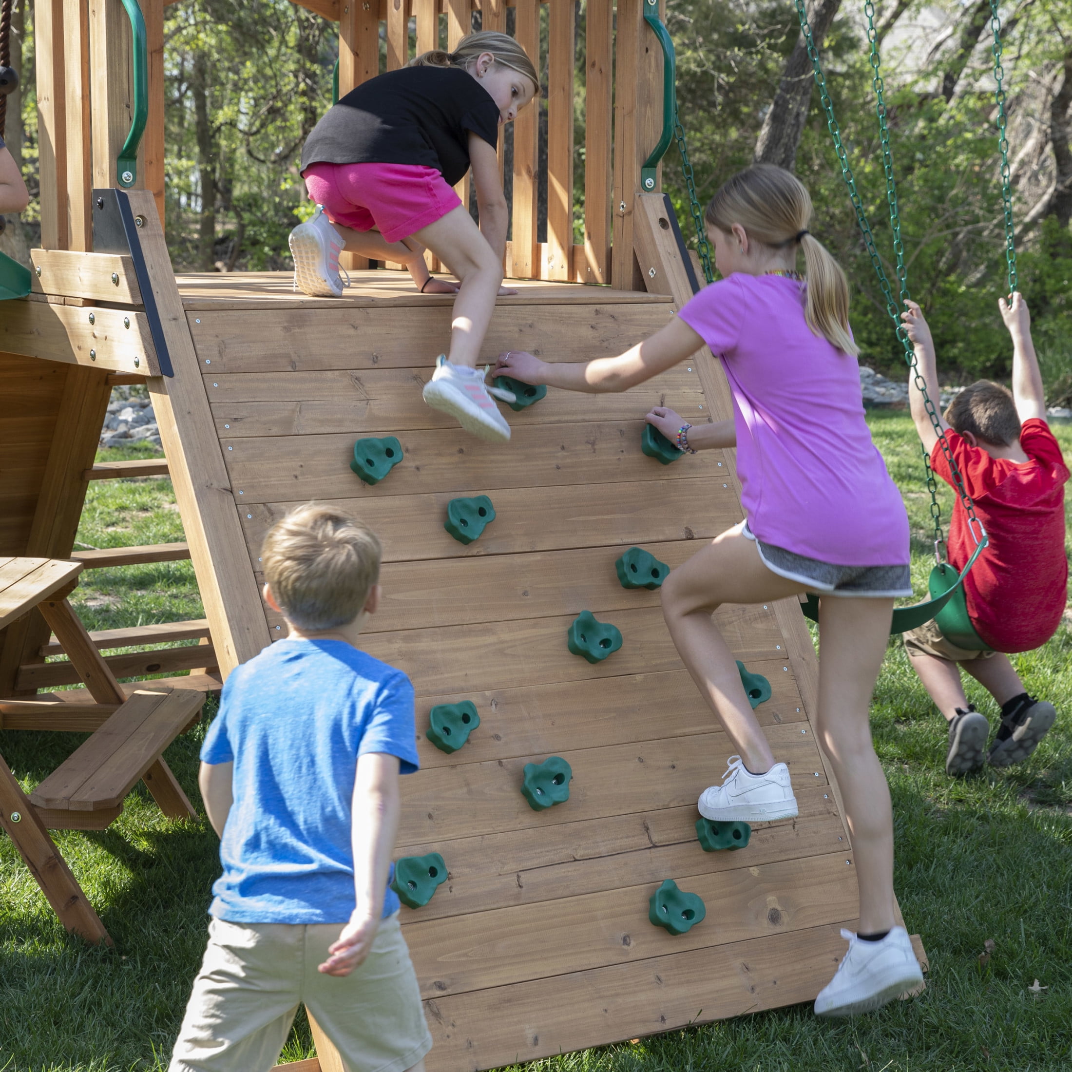 Backyard Discovery Endeavor II Cedar Wood Swing Set with Slide, Play Deck, and Double Rock Wall (Light Brown) cb9zs