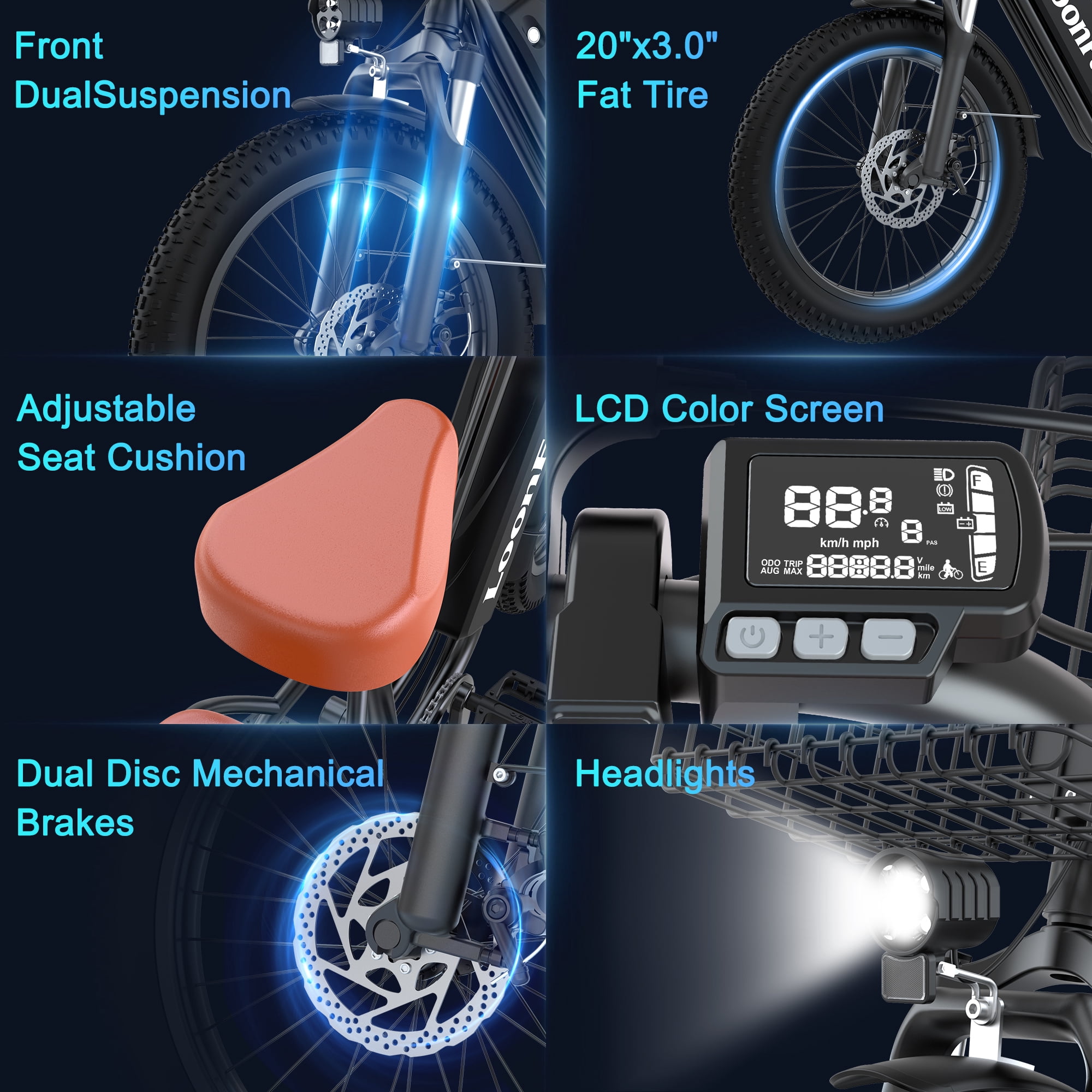 Loonfat Electric Bike for Adults, 1000W Peak Motor Commuter E-Bike with 48V Battery (Black, 20 in Tires) bt0nd