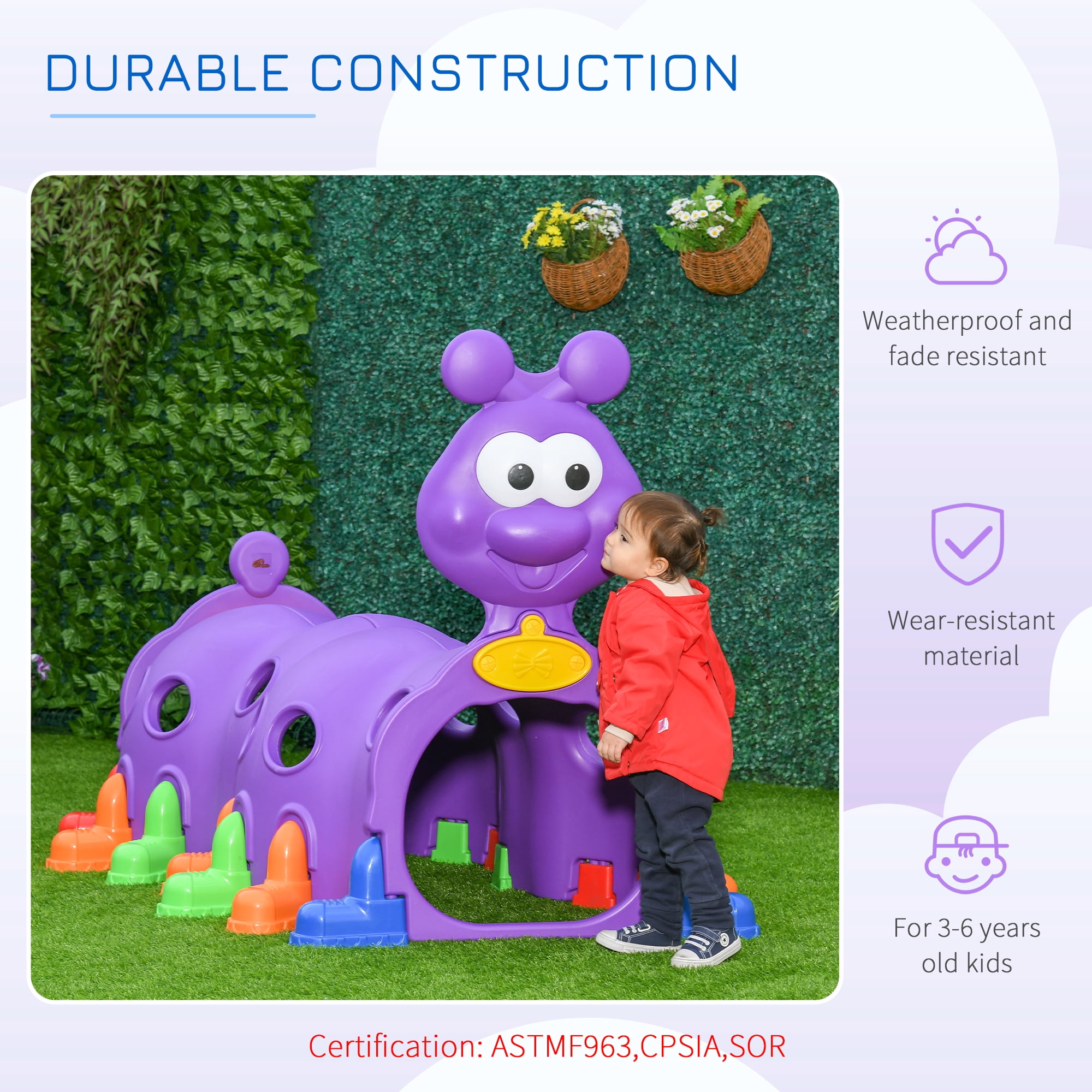 Qaba Caterpillar Climbing Tunnel for Kids, Indoor and Outdoor Play Structure (Purple, 59 in L x 38.25 in W x 47.25 in H) q4mzm