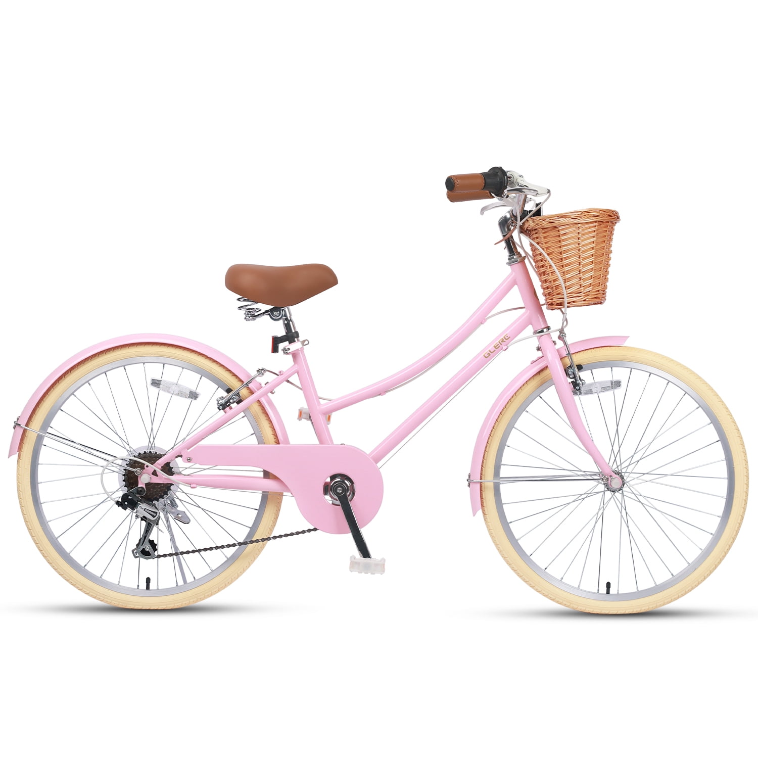 Glerc Missy 24 in Girls Cruiser Bike, 6-Speed Hybrid Bicycle with Wicker Basket (Pink) rf9wa