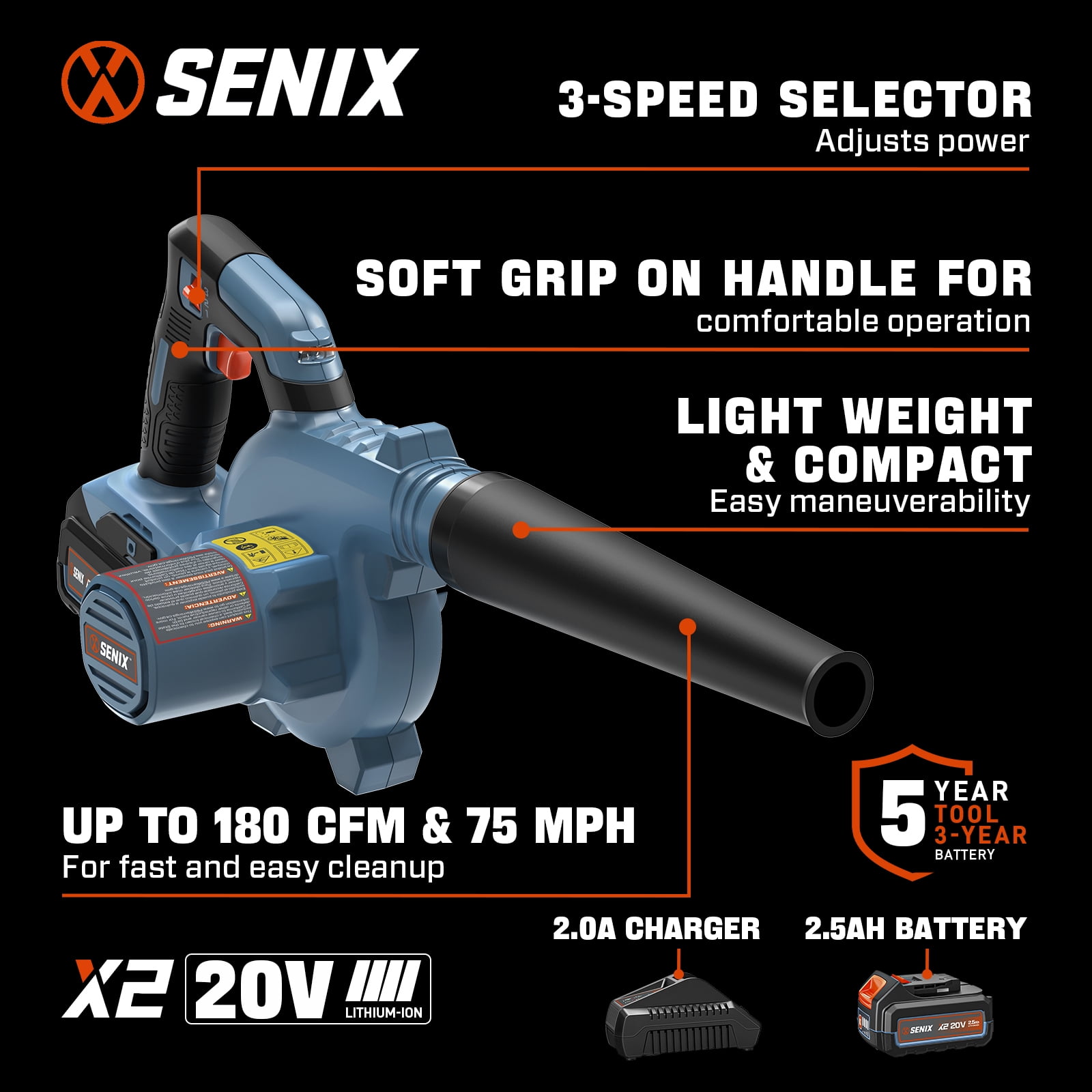 Senix 3-Tool Lawn Care Combo Kit (22 in Self-Propelled Gas Mower, Cordless Leaf Blower, String Trimmer, Blue) wgt7u
