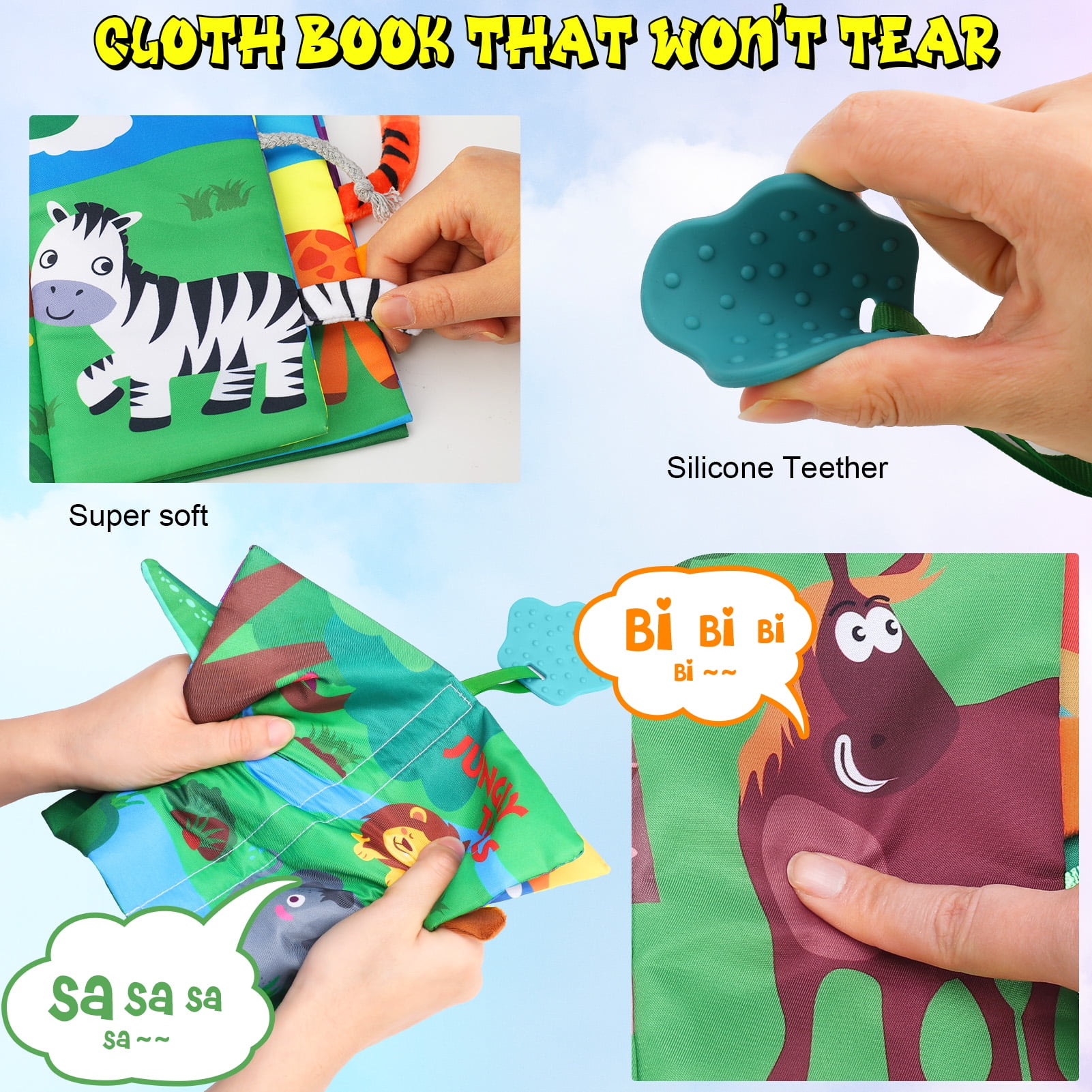sixwipe Soft Cloth Baby Books Sensory Activity Set with Teething Ring (Multicolor, 2 Pack) uovme