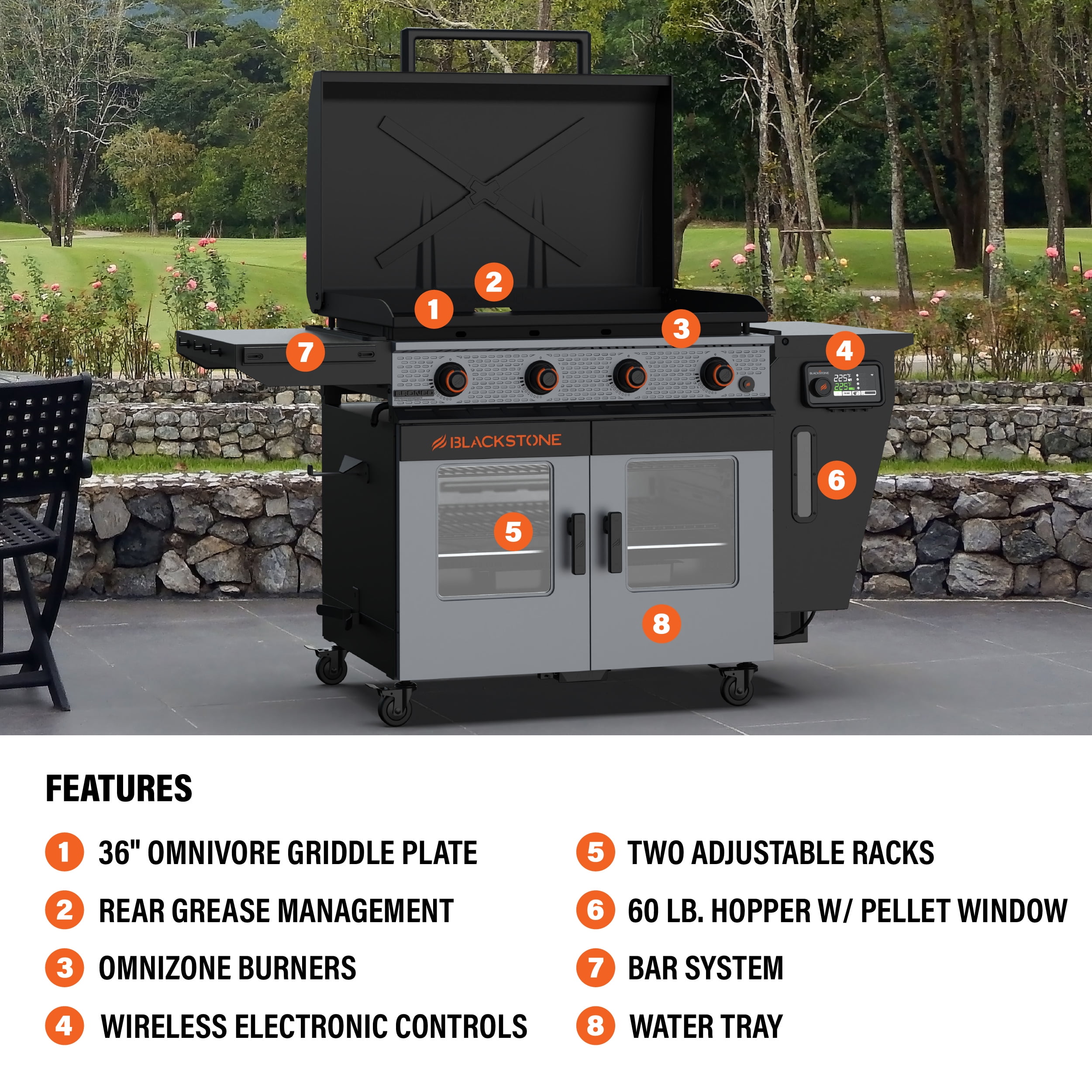 Blackstone Bronco Outdoor Combo Griddle, 36 in 4-Burner Flat Top Grill with Vertical Pellet Smoker (Grey) xh2mx
