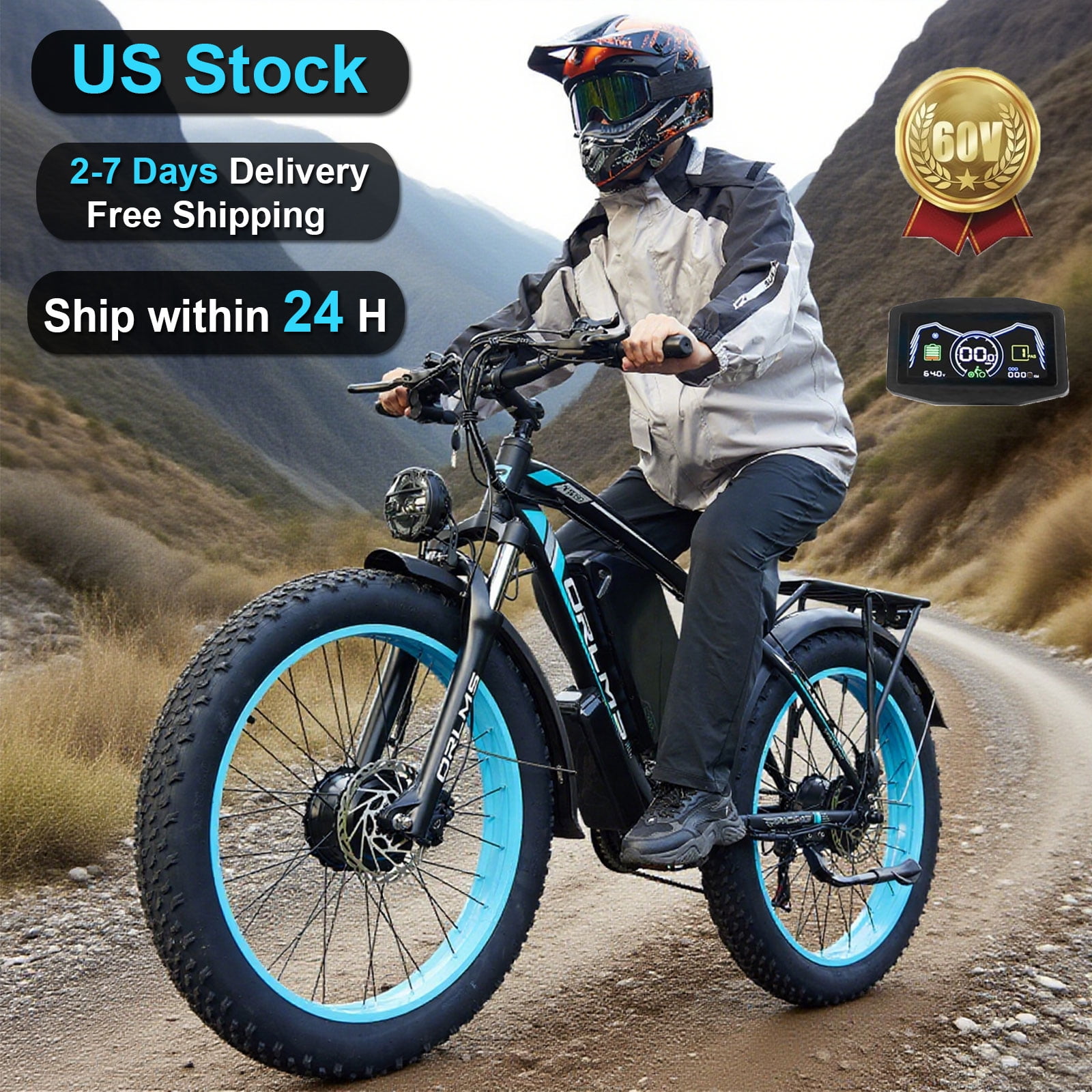 SMLRO Electric Mountain Bike, 6000W Dual Motor AWD E-Bike, 60V 25AH Battery, 26 in x 4.0 Fat Tire, Off-Road Dirt Bike (Black, 26 in) 9r86a