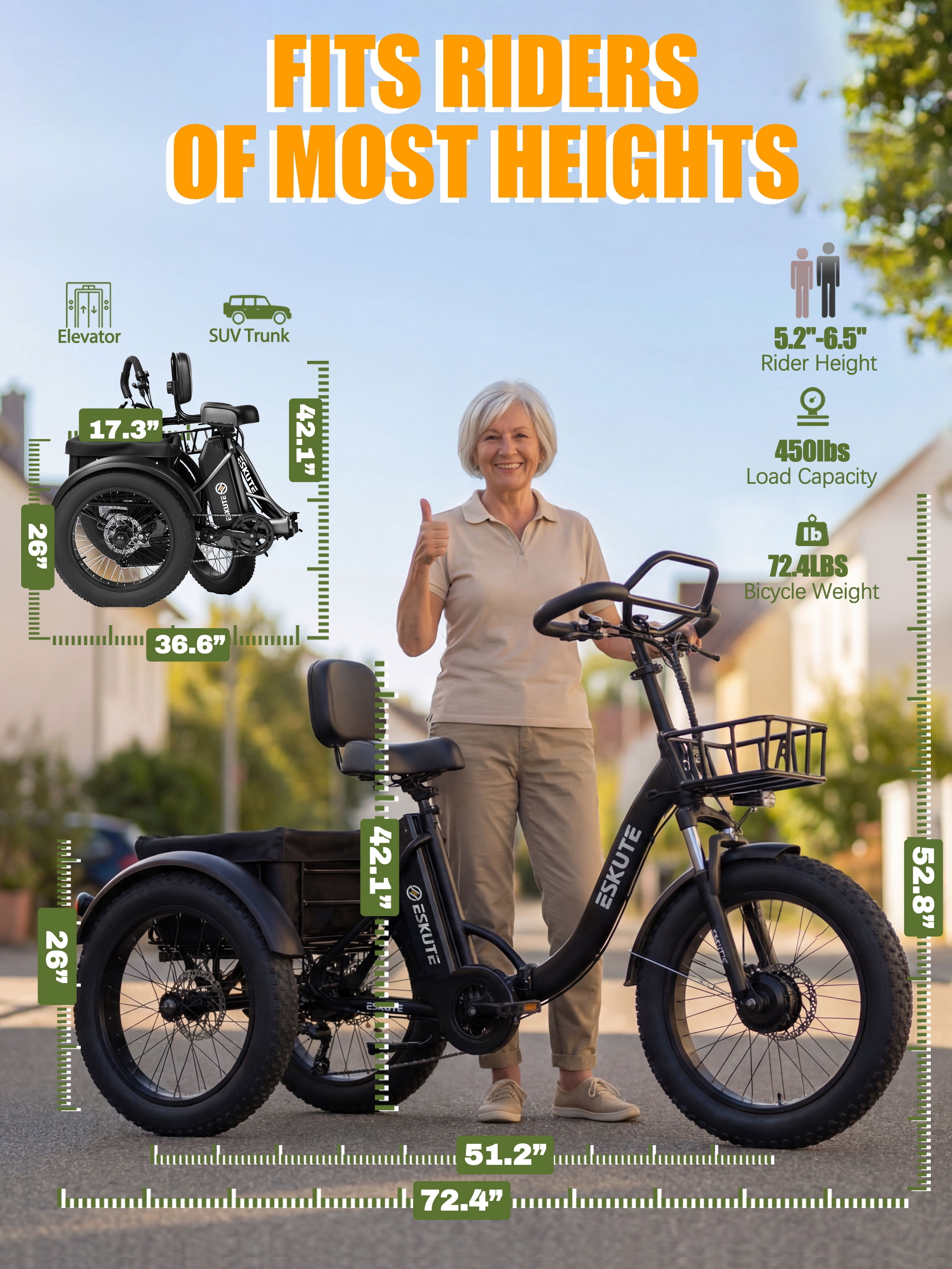 ESKUTE Foldable Electric Trike for Adults, 749W Motor, 998.4Wh Battery, 20 in x 4 in Fat Tires, Stable Three-Wheel Design (Black) 2j16u