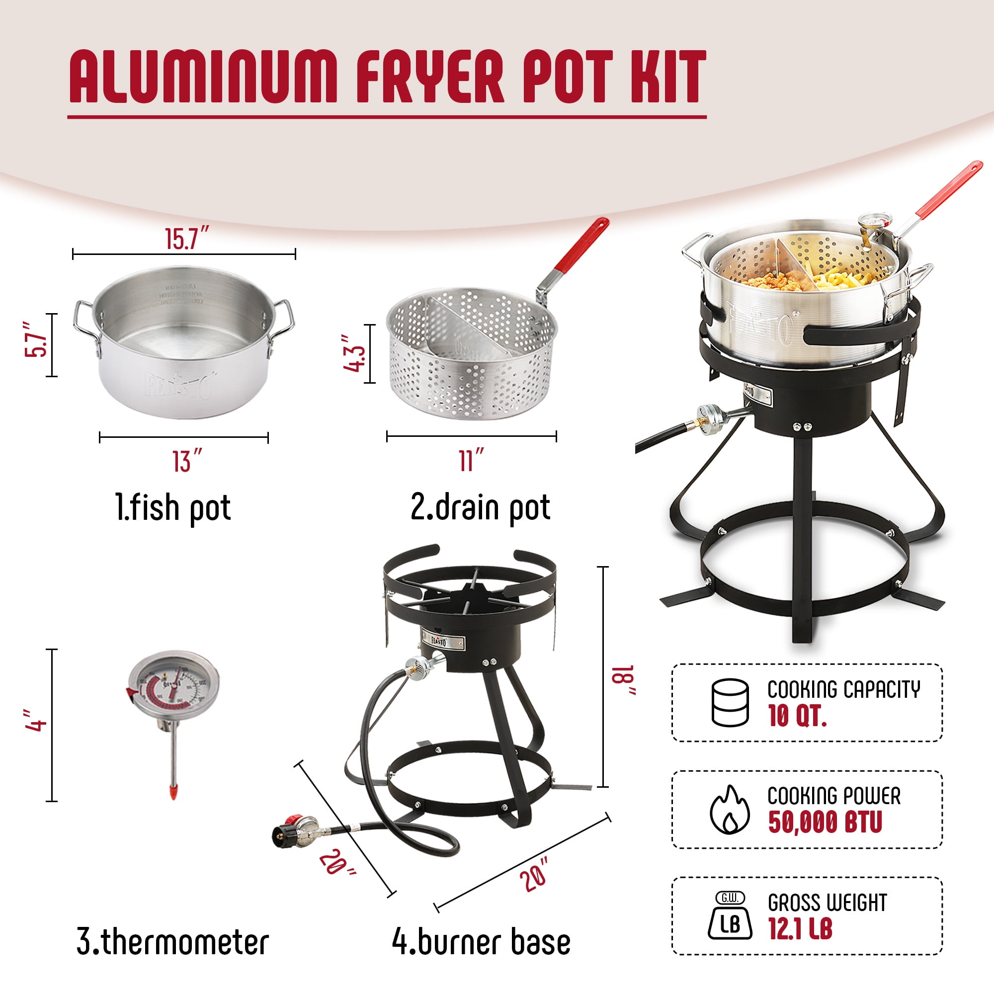 Feasto Outdoor Propane Gas Fish Fryer Pot Kit with Strainer Basket and 50,000 BTU Burner (Silver, 10 qt) fxjcn