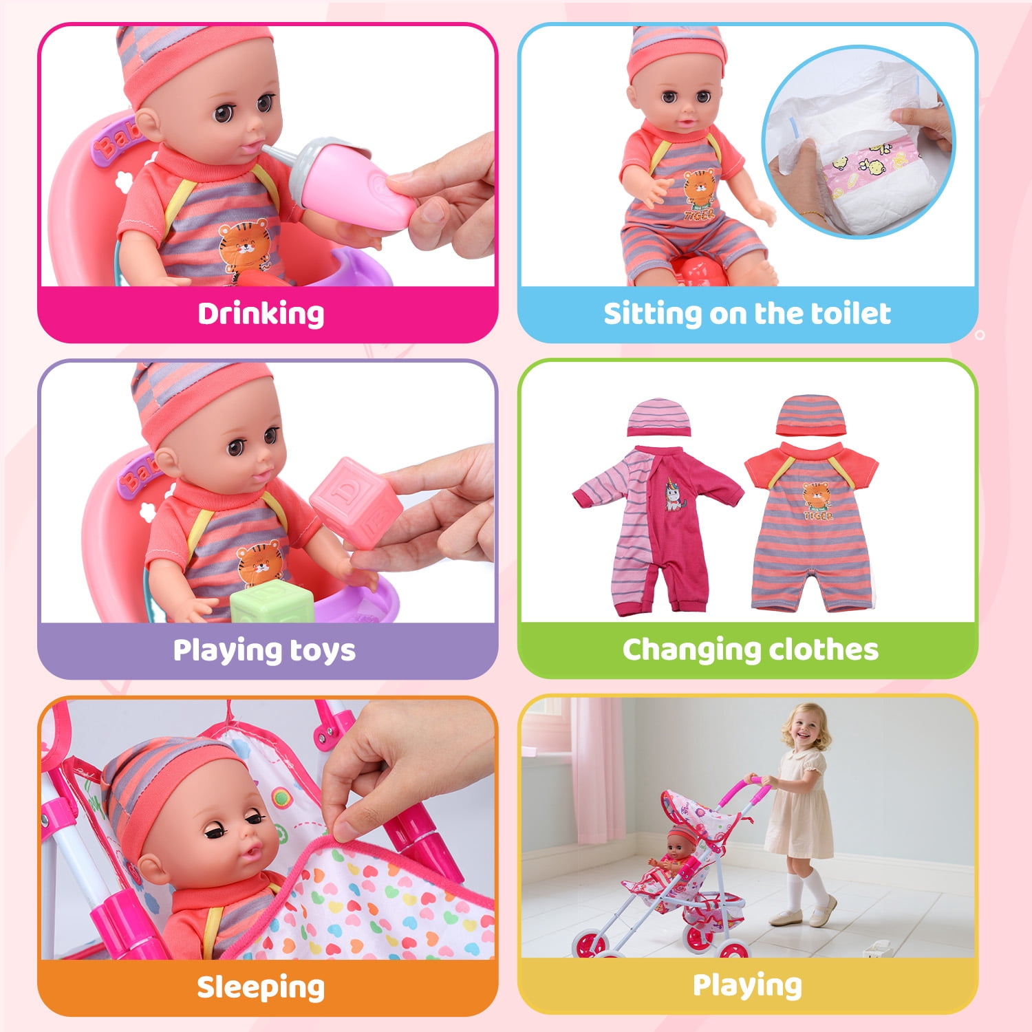 JoyStone Baby Doll Play Set with 12.5 in Doll, 21 in Foldable Stroller, High Chair, and 35 PCS Accessories (Multicolor, 12.5 in) rusm0
