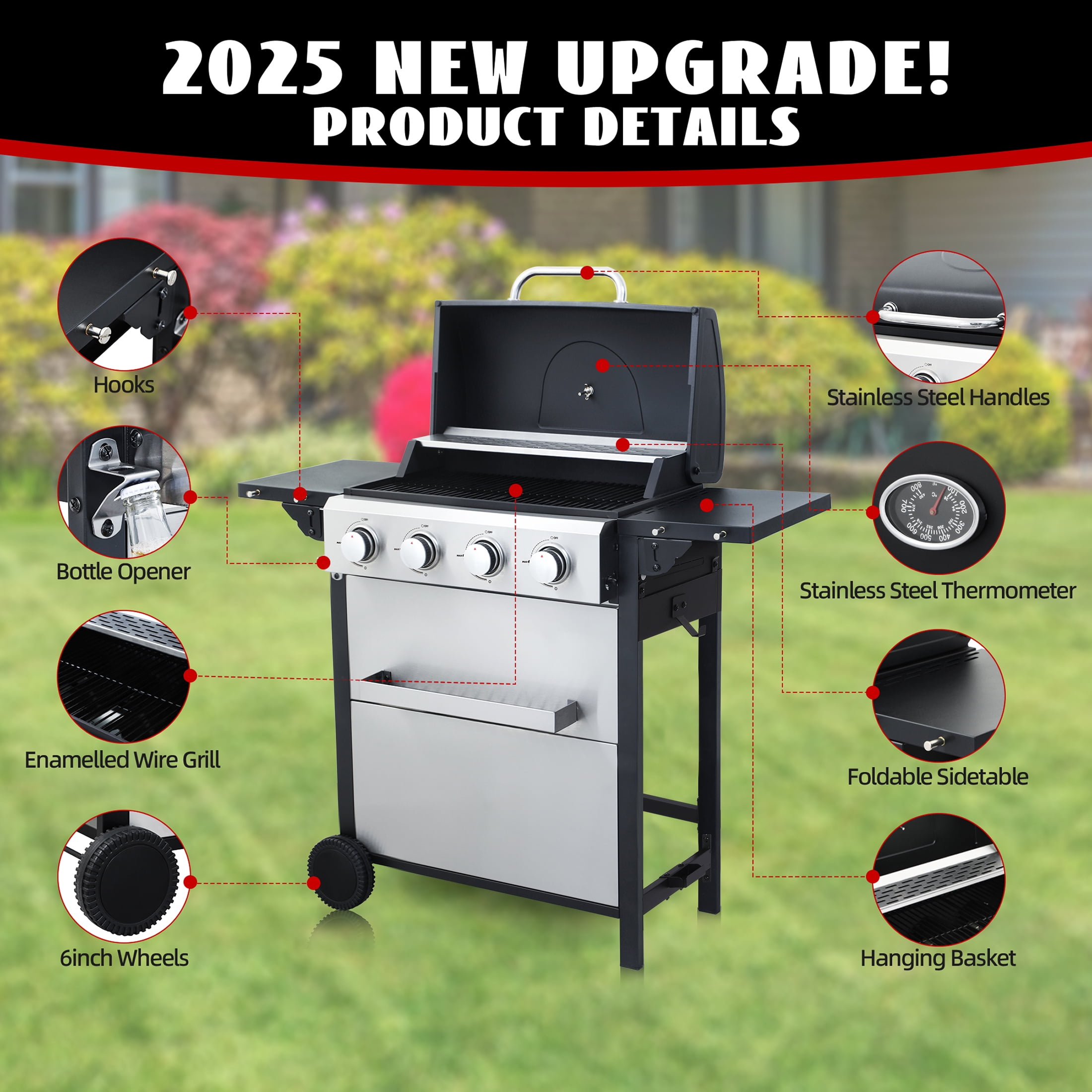 Nice Coker 4-Burner Propane Gas Grill, Outdoor BBQ Station with Stainless Steel Control Panel and Temperature Gauge (34,200 BTU) axy6y