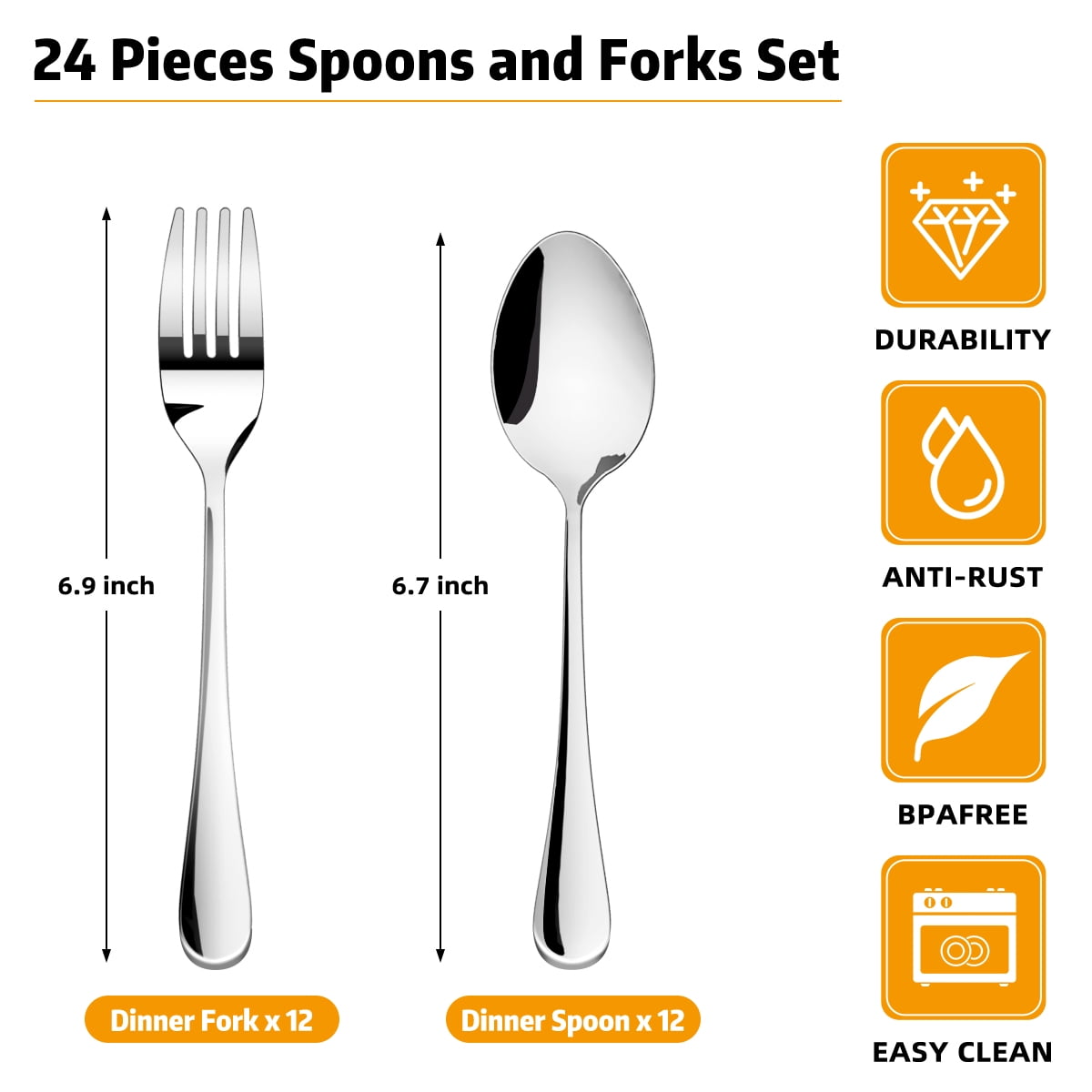 GPED 24-Piece Stainless Steel Flatware Set, Mirror Polished Dinner Forks and Spoons (24-Piece Set) kgbk8