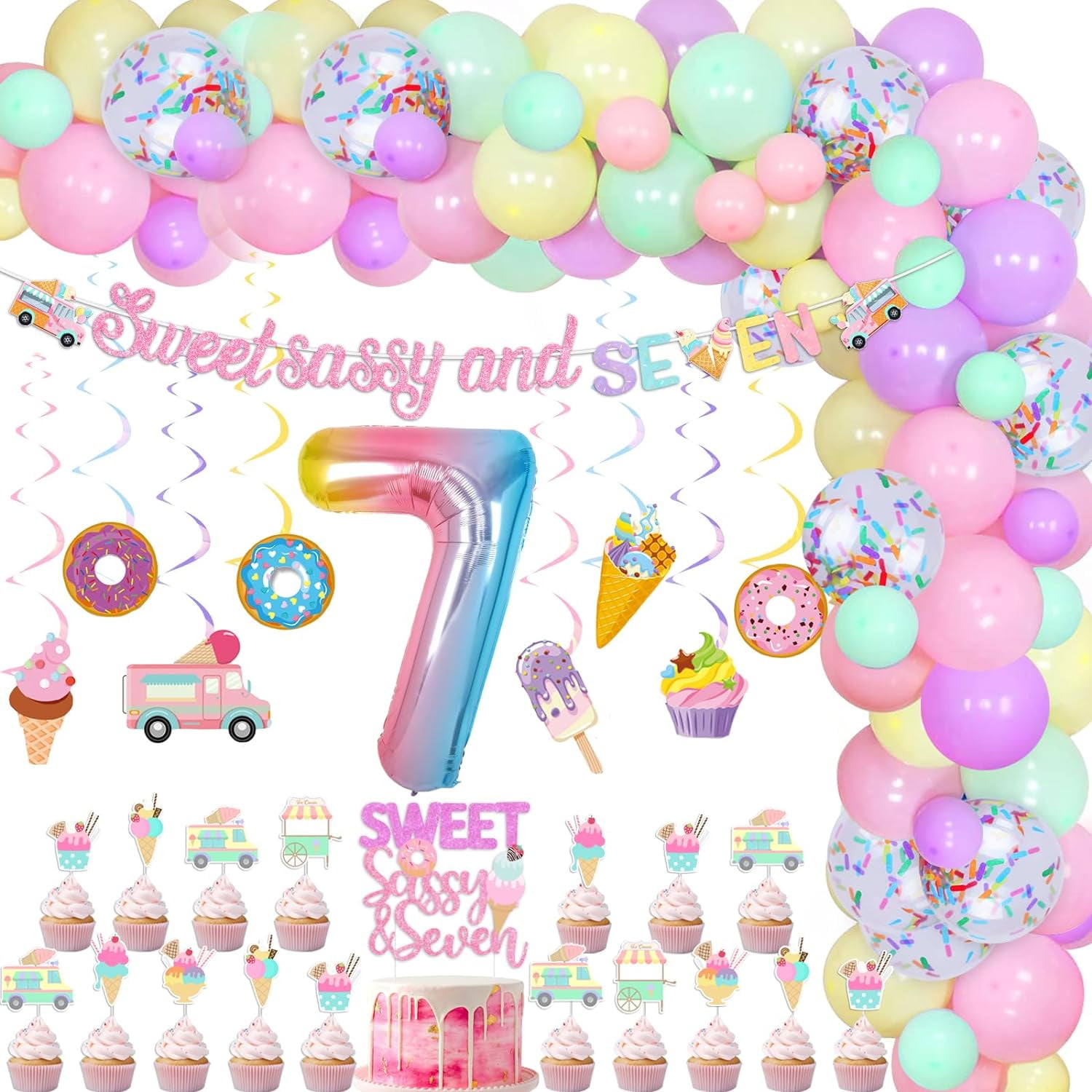 Cheereveal Ice Cream 7th Birthday Party Decoration Set, Sweet Sassy and Seven Banner, Balloon Garland Arch Kit (Yellow, 87 Piece Set) oblx7