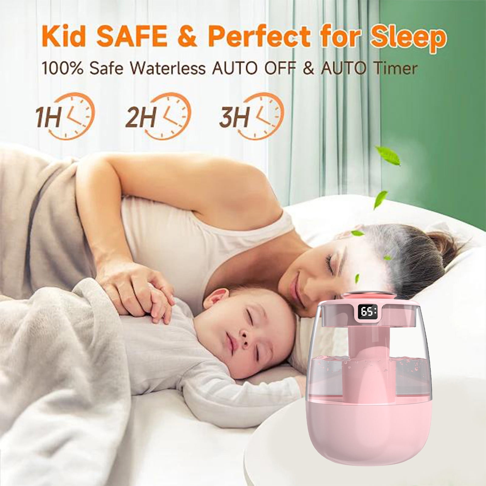 JikouIivo Ultrasonic Humidifier for Bedroom with Humidity Display and Night Light (Pink, 67.6 fl oz) lan4m