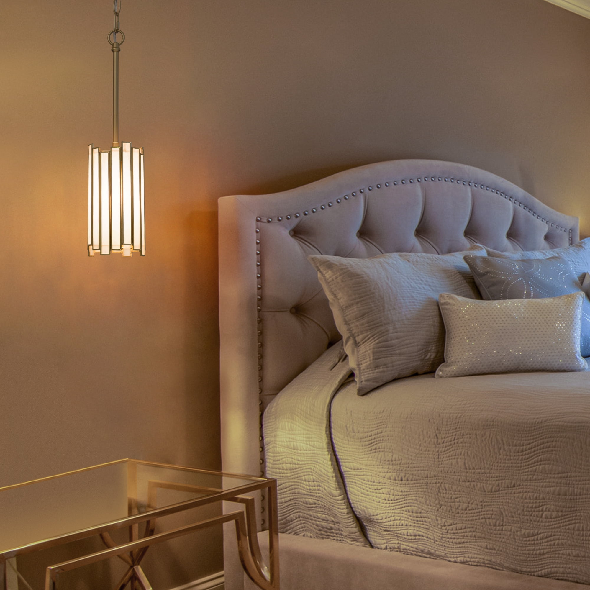 LNC 1-Light Modern Brass Gold Chandelier with Opal Glass Cylinder Shade (1-Light) p3jqb