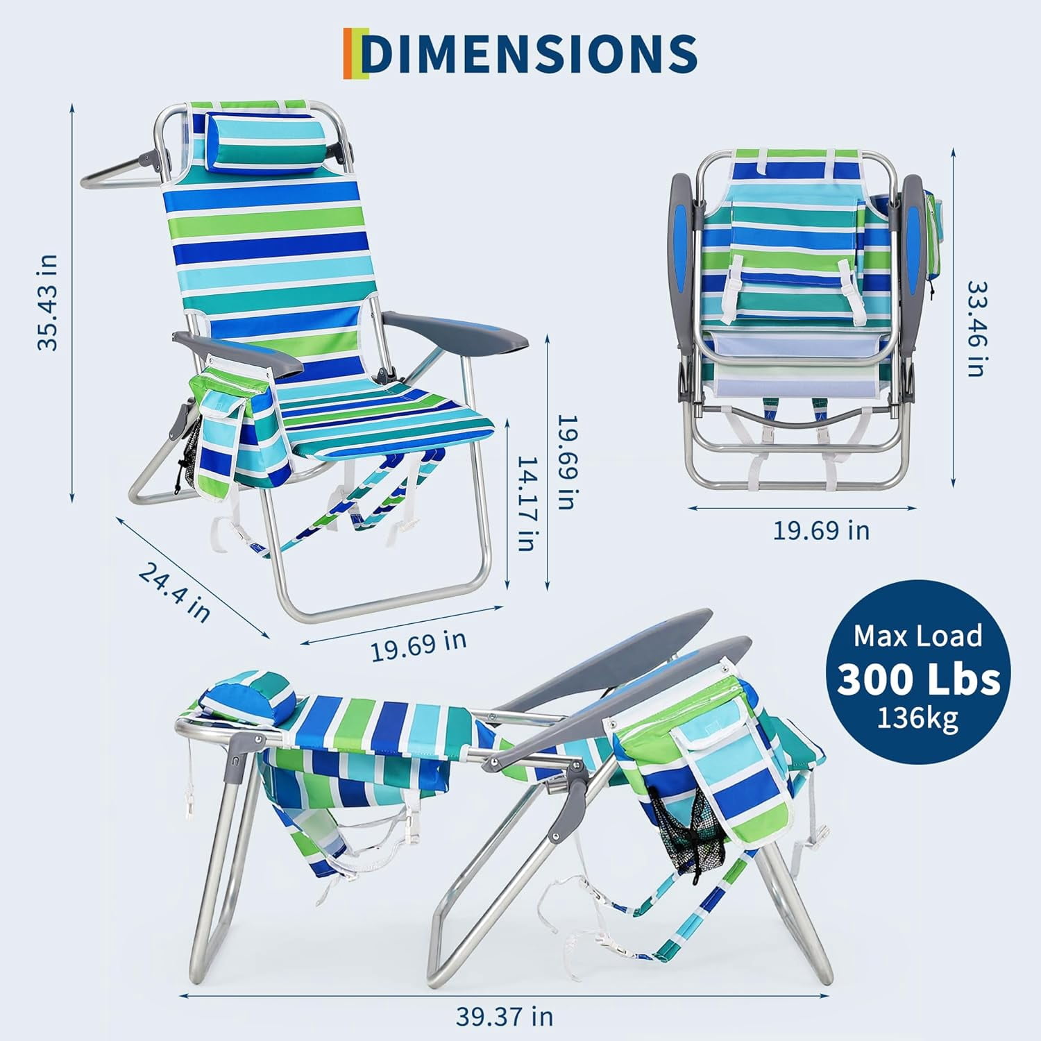 RIEDHOFF Portable Beach Chair with Adjustable Backrest and Cooler Bag (Ocean Striped, Set of 2) w911z