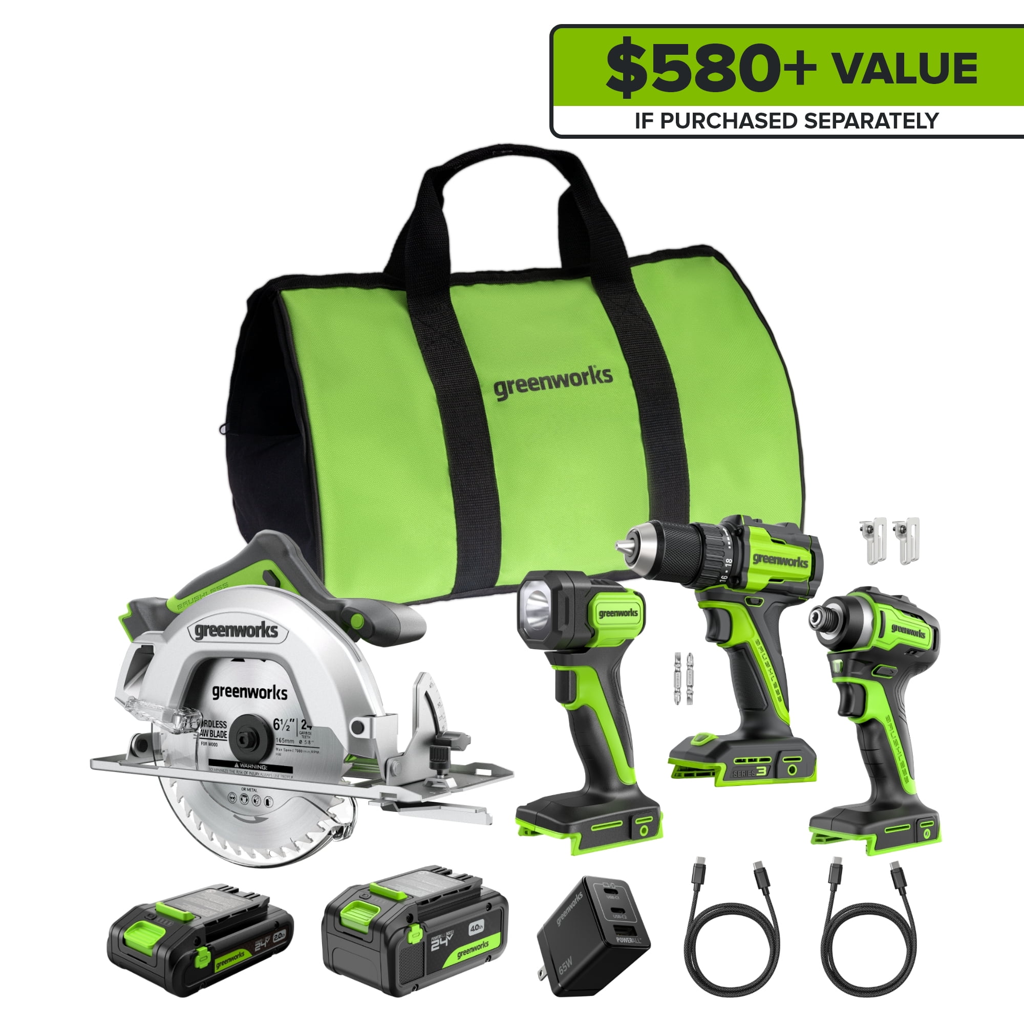 Greenworks 24V Cordless Brushless 4-Piece Power Tool Combo Kit with Drill, Impact Driver, Circular Saw, Flashlight, Batteries, and Charger (Green) gr6y7