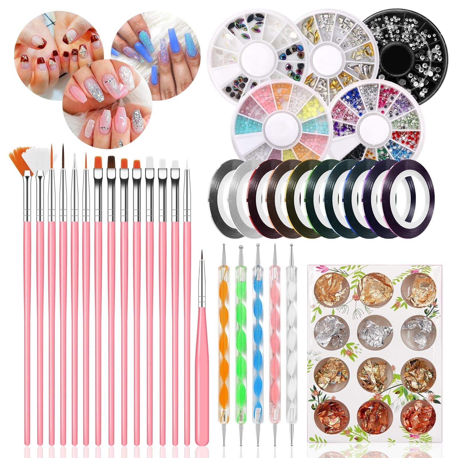 Pinkiou Nail Art Brush and Dotting Tool Set with Rhinestones and Foil Decals (47 Piece Set) 59460
