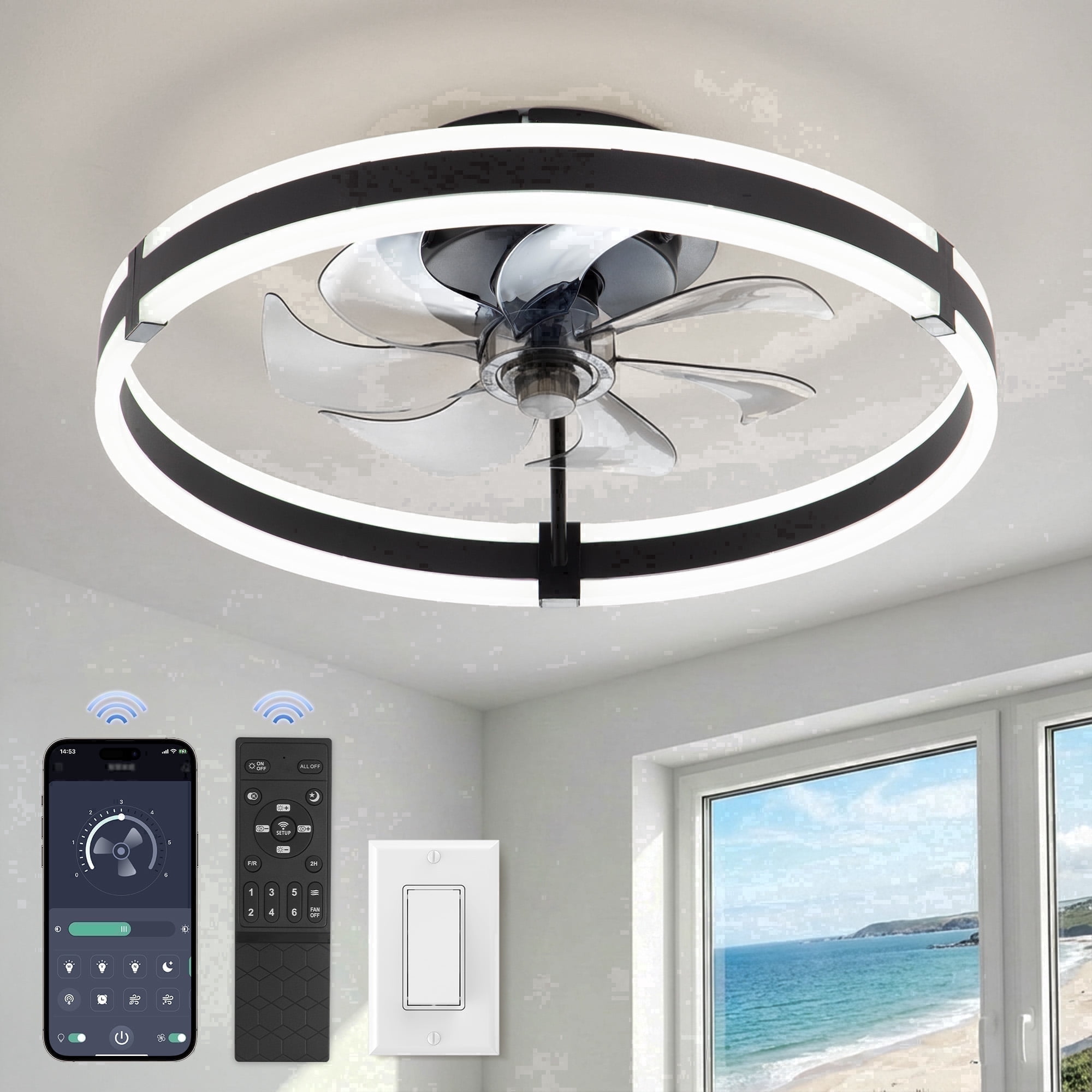 Lokivas 20 in Modern Ceiling Fan with Light, Flush Mount, Dimmable LED, 6-Speed Quiet DC Motor, App and Remote Control (Black, 20 in) z63zs
