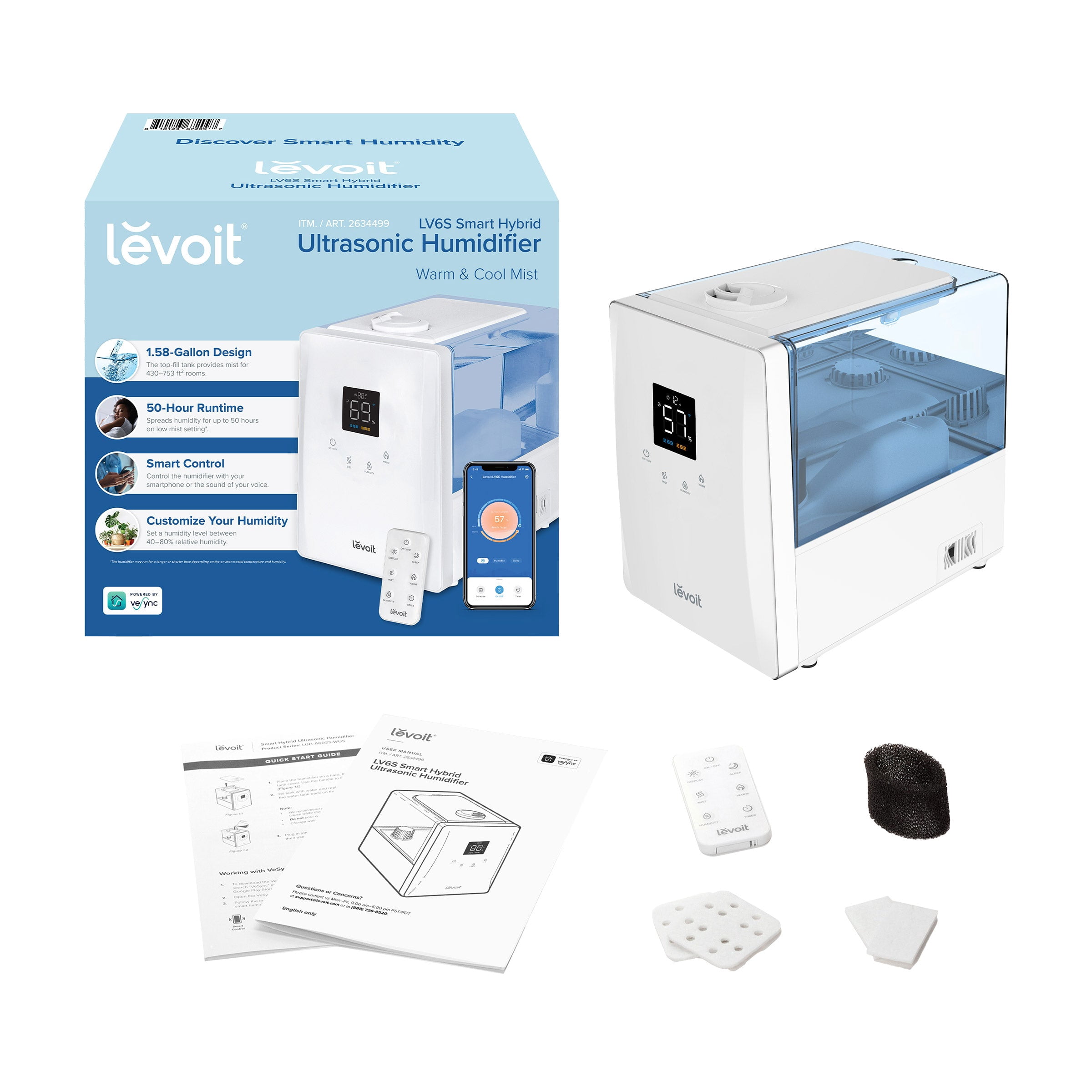 Levoit Smart Hybrid Ultrasonic Warm and Cool Mist Humidifier (White, 1.58 gal) rva42