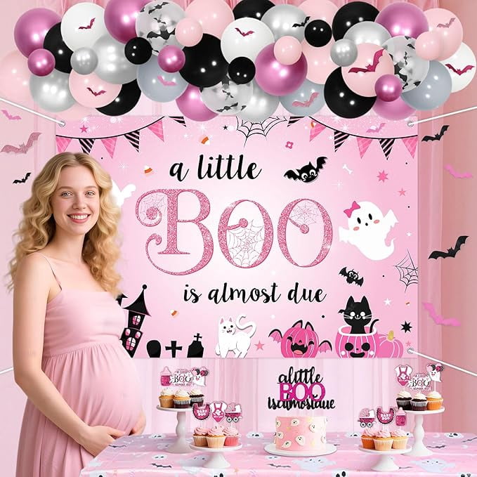 Generic Halloween Baby Shower Decoration Set, A Little Boo Is Almost Due Party Supplies with Balloons and Backdrop (Pink, 115 Piece Set) hzk1g