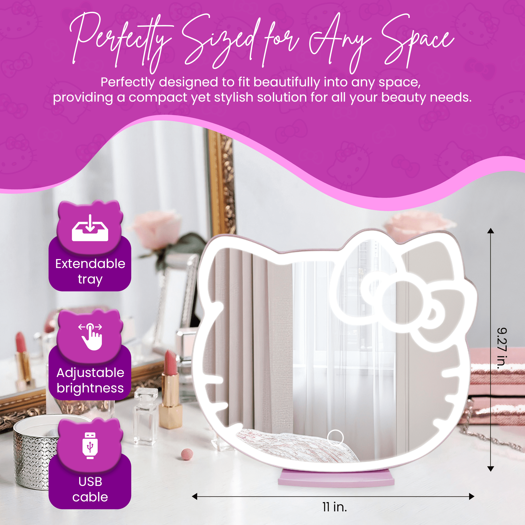 Impressions Vanity Hello Kitty LED Makeup Mirror with Touch Sensor and Dimmable Lighting (Pink, 12 in) uqhzb