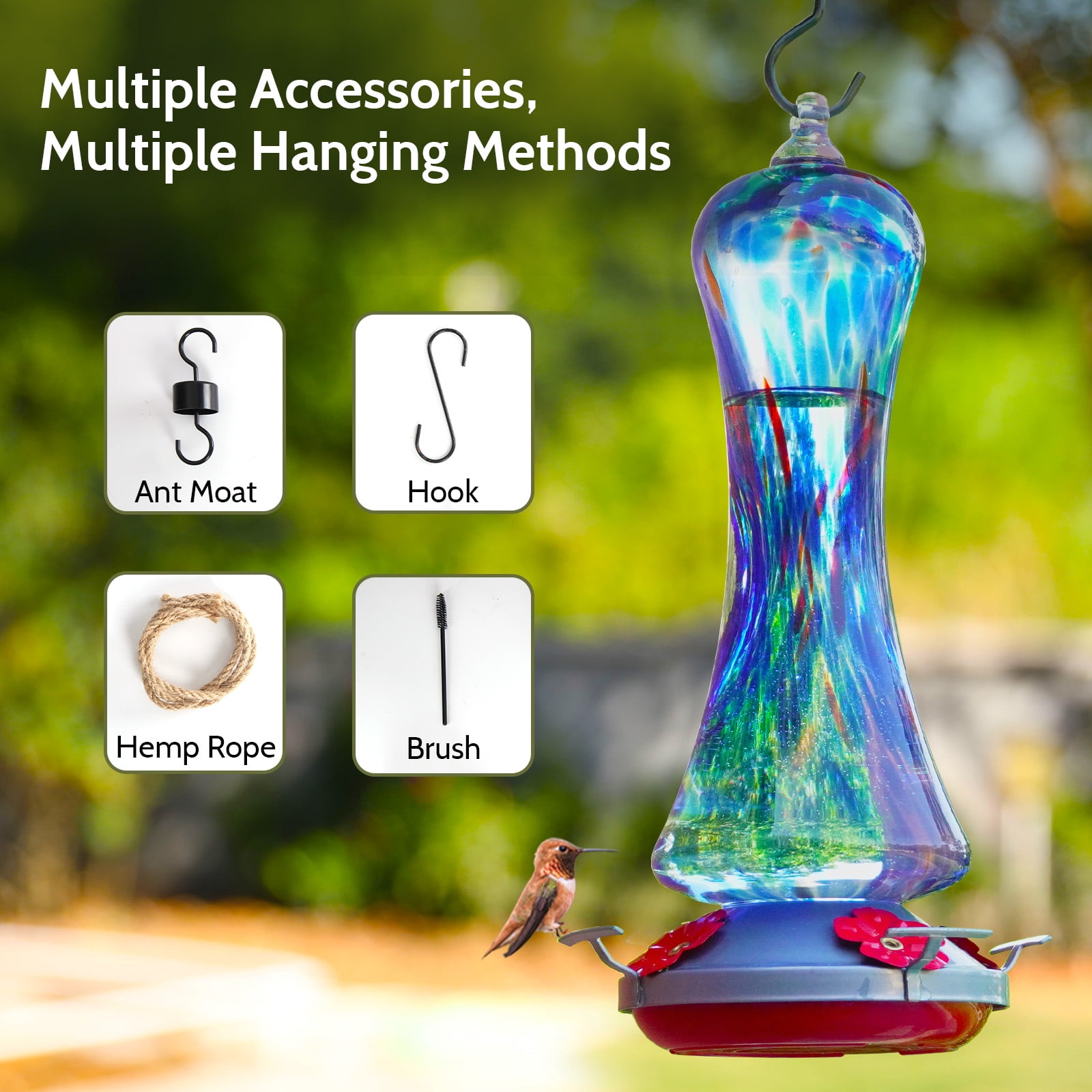BirdKiss Hand-Blown Glass Hummingbird Feeder for Garden and Patio (Red, 16 oz) wjb7g