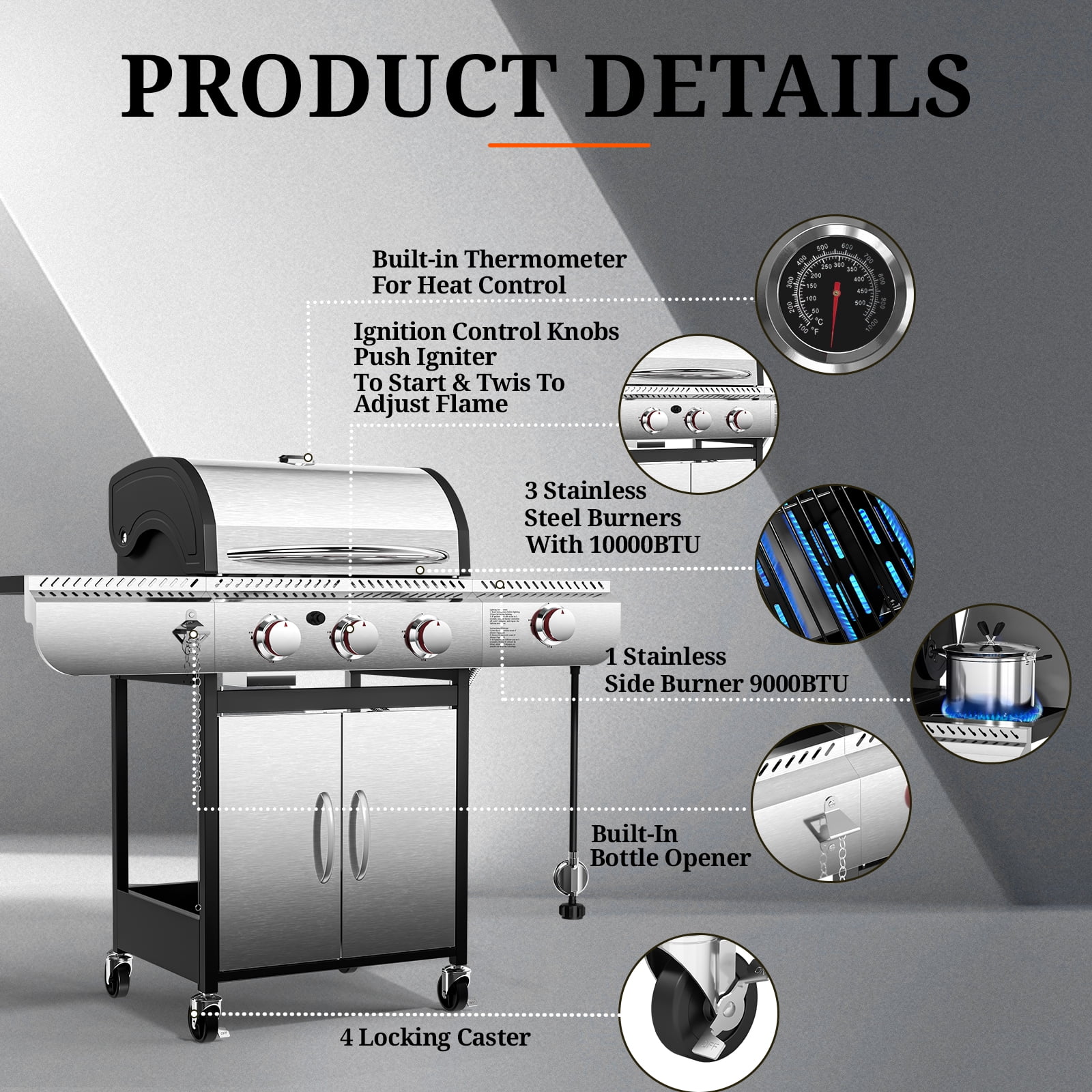 FREE VILLAGE 3-Burner Propane Gas Grill with Side Burner (34,000 BTU, Stainless Steel) ht3wf