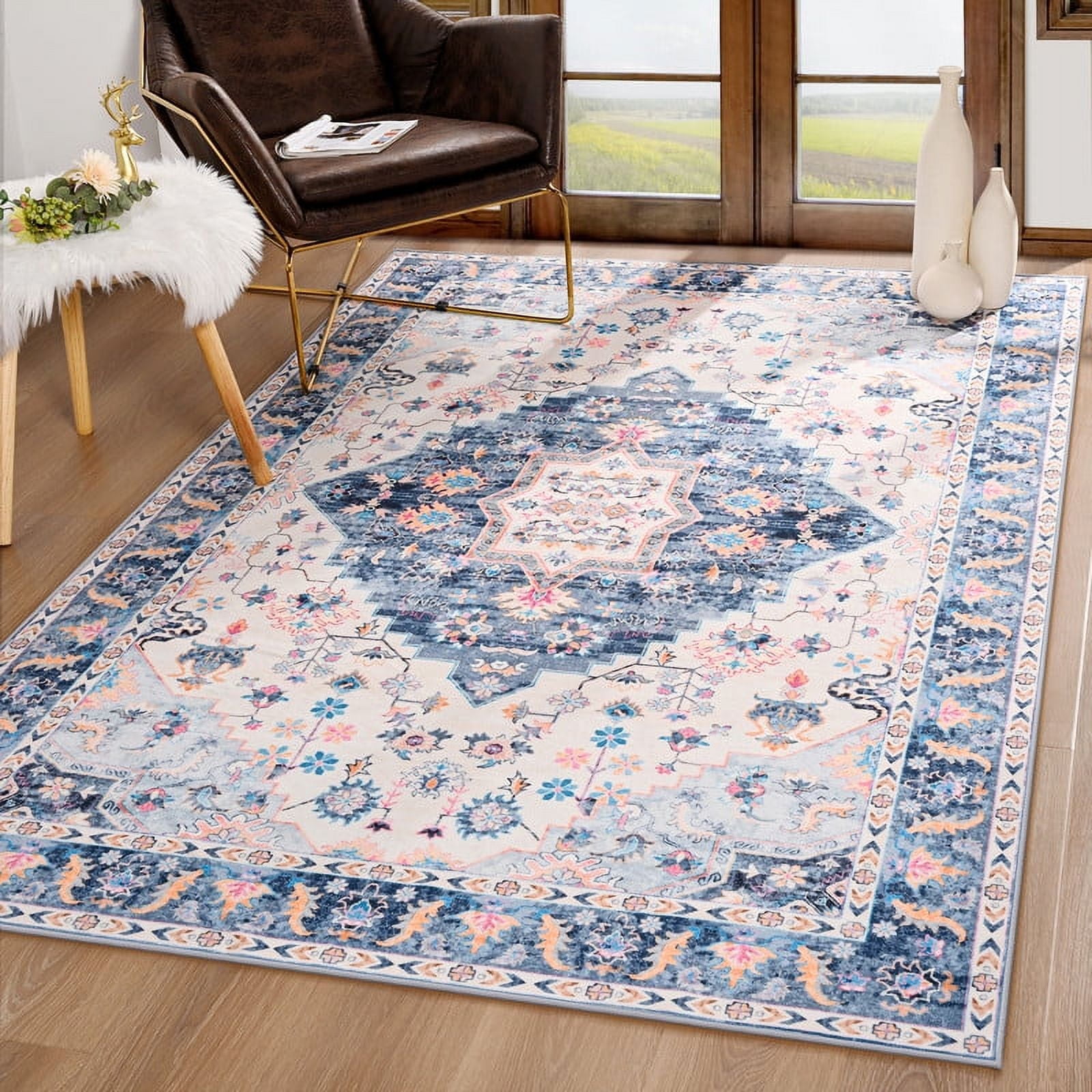 TWINNIS Vintage Boho Area Rug, Washable Non-Slip Floral Carpet for Living Room and Bedroom (Blue, 4 ft x 6 ft) 4glbv