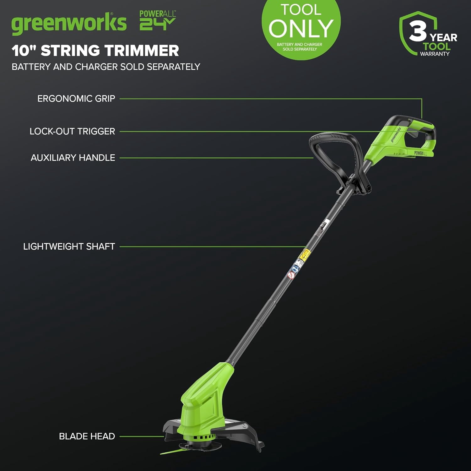 Greenworks 24V Cordless String Trimmer, 10-inch Cutting Path, Lightweight Ergonomic Design (Green, 4.7 lb) zr1gf