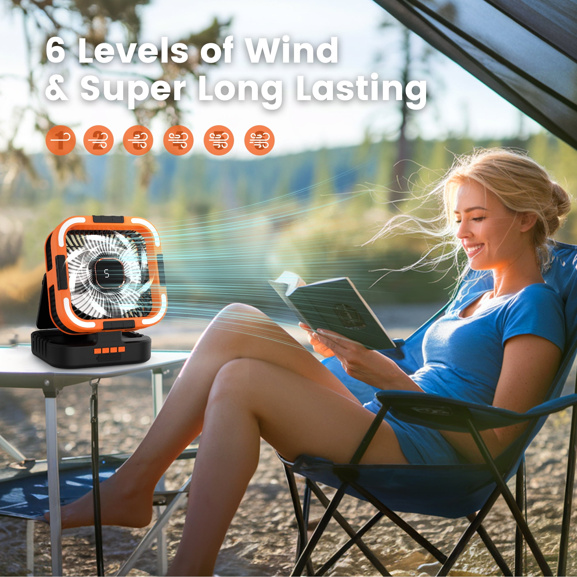 RUNACC Solar Camping Fan with LED Light, 10000mAh Rechargeable Portable Oscillating Fan (Orange, 10000mAh) 70k1h