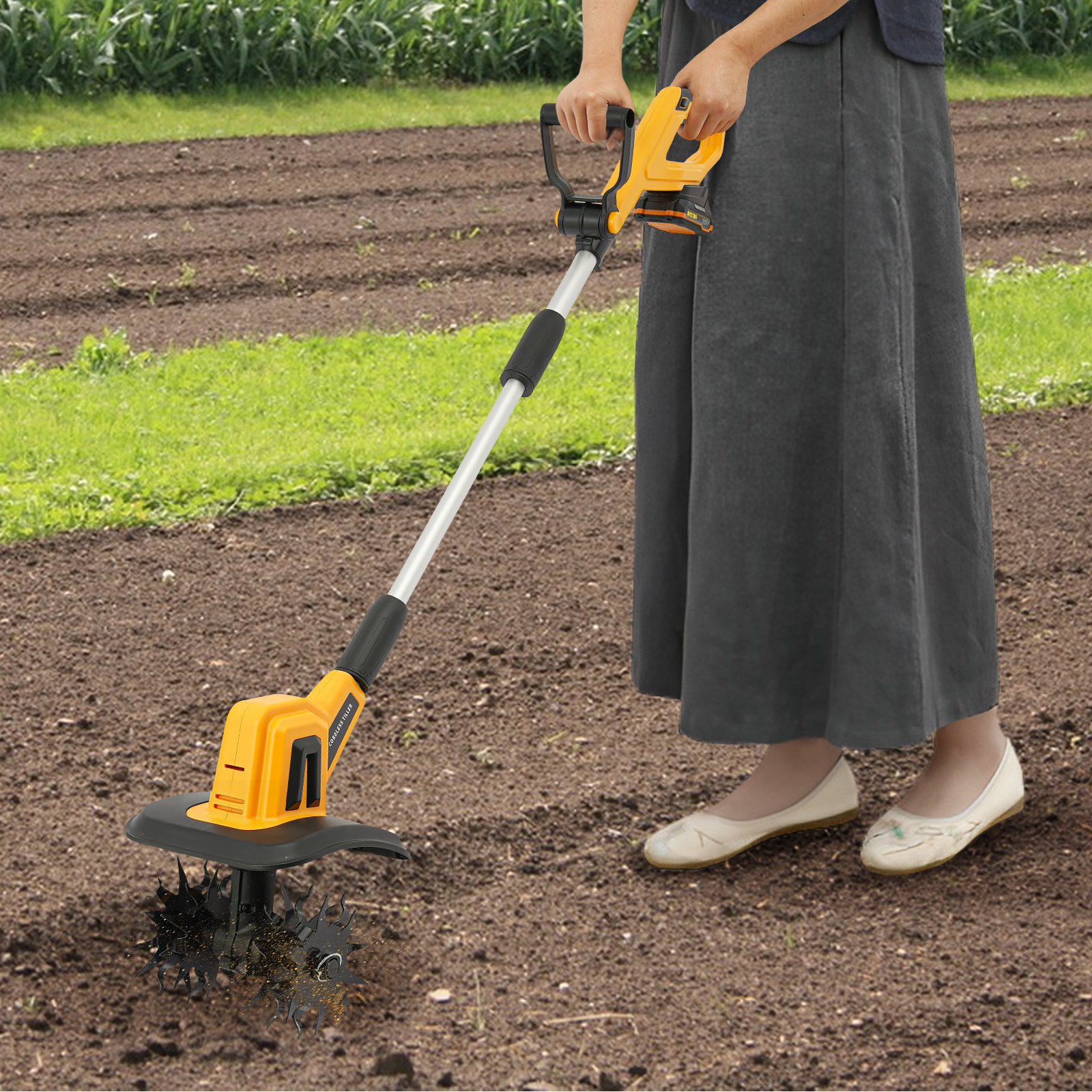Earthwise 20V Cordless Tiller Cultivator, Electric Garden Soil Tiller with Battery (360 RPM) ey6mc