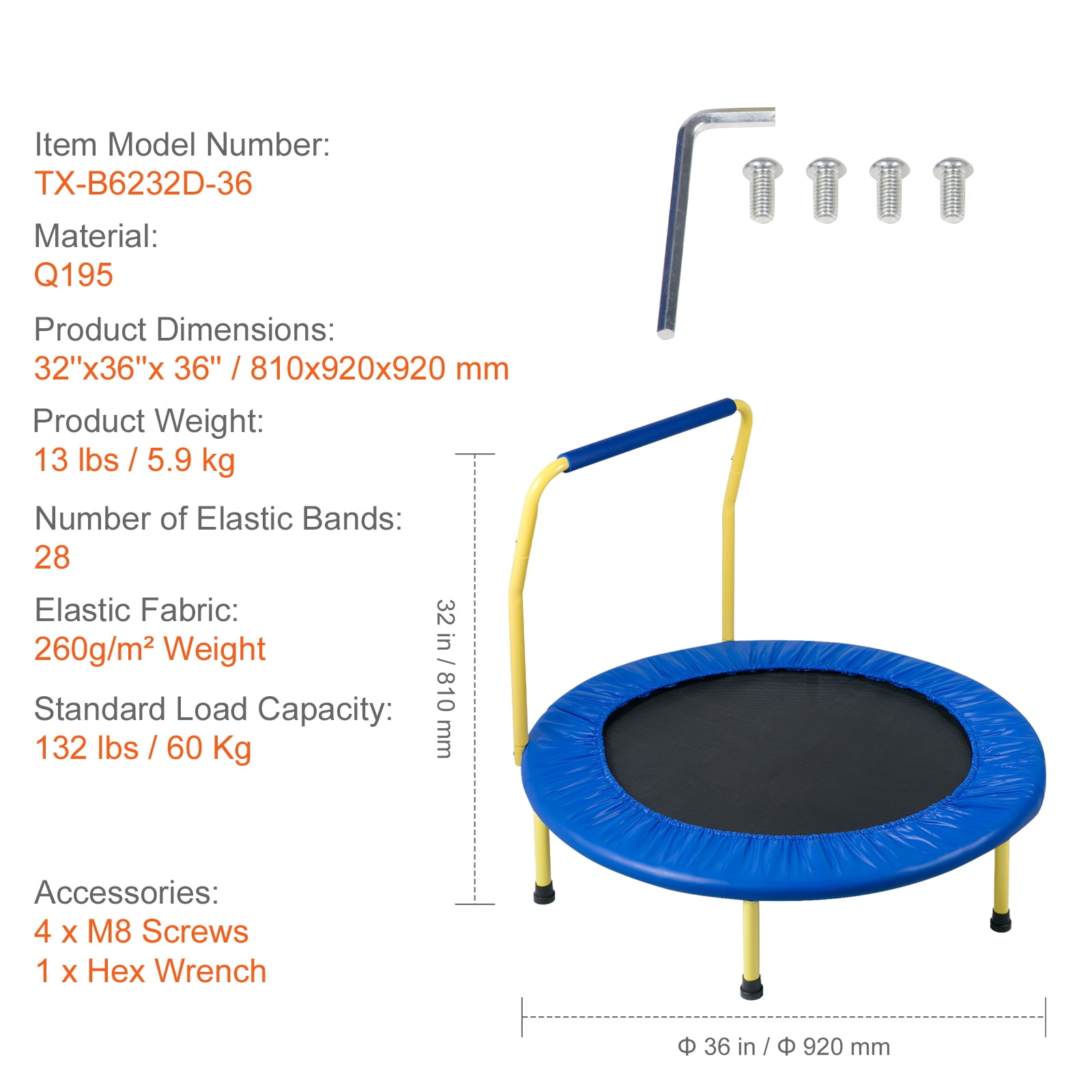 KFFKFF Kids Trampoline with Handle, Indoor Outdoor Foldable Mini Rebounder for Toddlers (Black, 36 in) x7dos