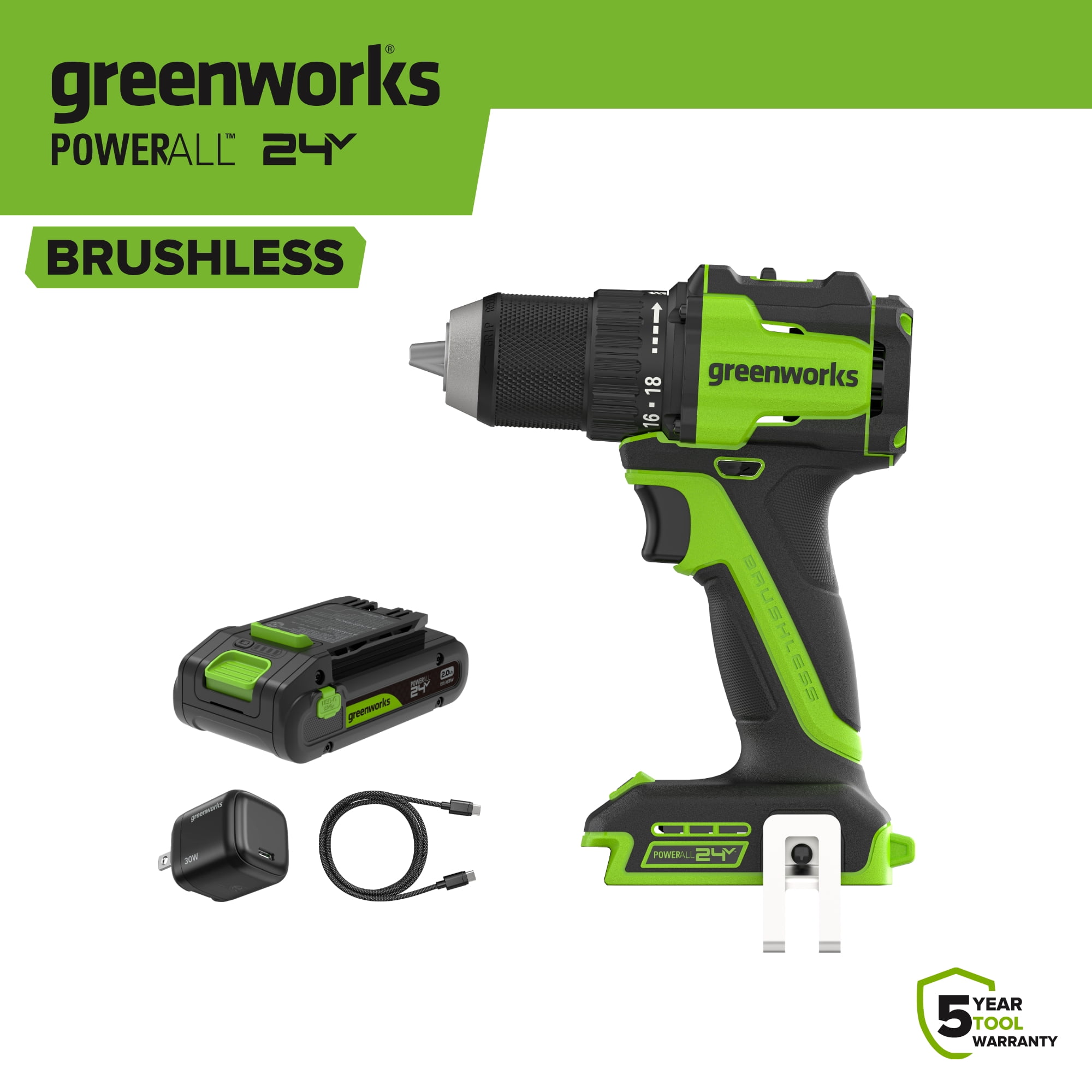 Greenworks 24V Brushless 1/2 in Cordless Drill Driver with 2 Ah Battery and Charger (Black, 2-Speed) doo1f