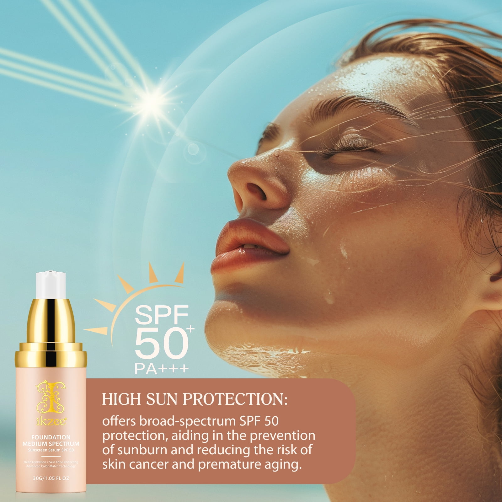 IKZEE 4-in-1 Foundation with Brush, Long-lasting Waterproof Coverage, SPF 50+ UV Protection (Medium, 1.06 oz) 76rsw