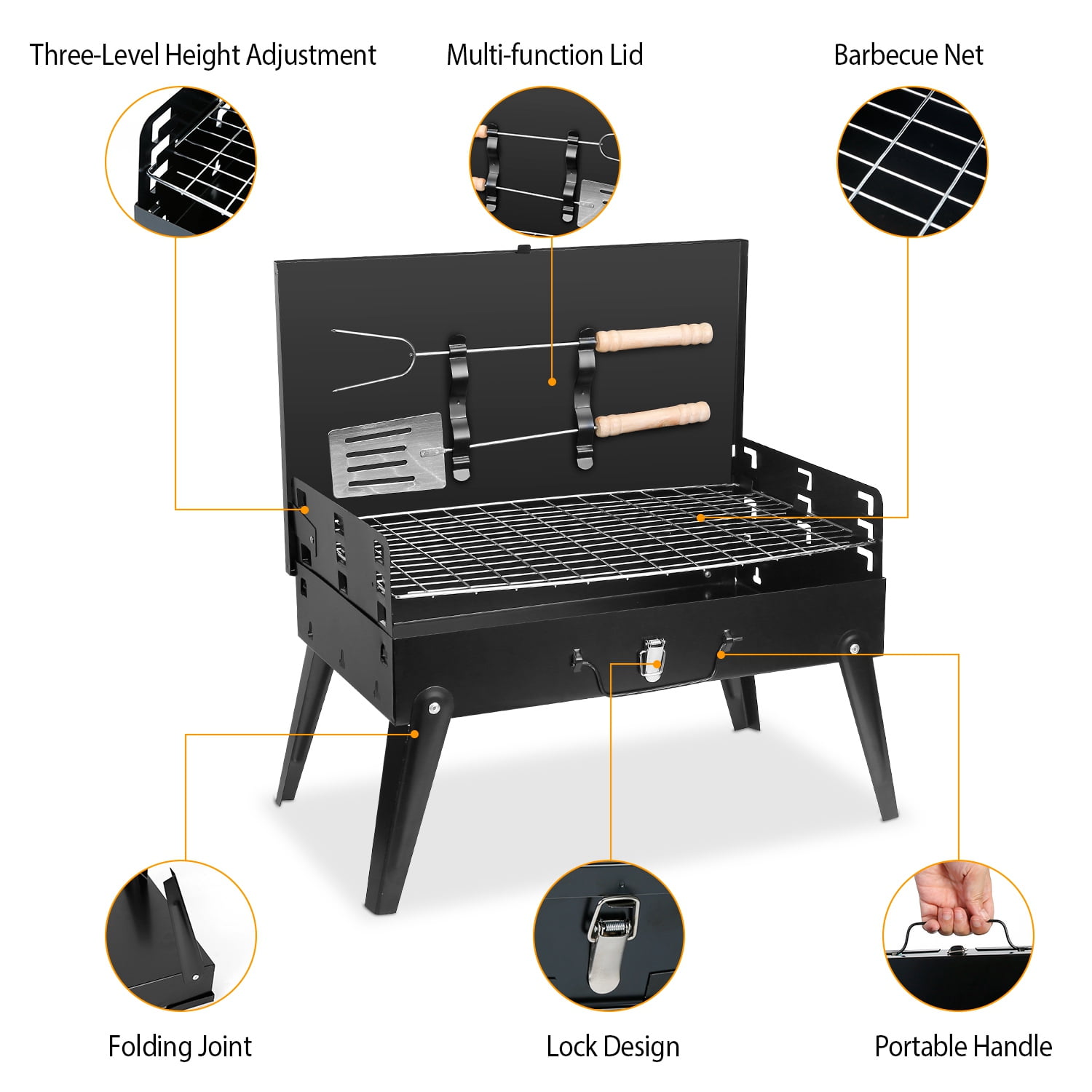 TeqHome Portable Charcoal Grill Foldable Tabletop BBQ for Camping Picnic (Black, 16.7x10x17.7 in) 2c8un