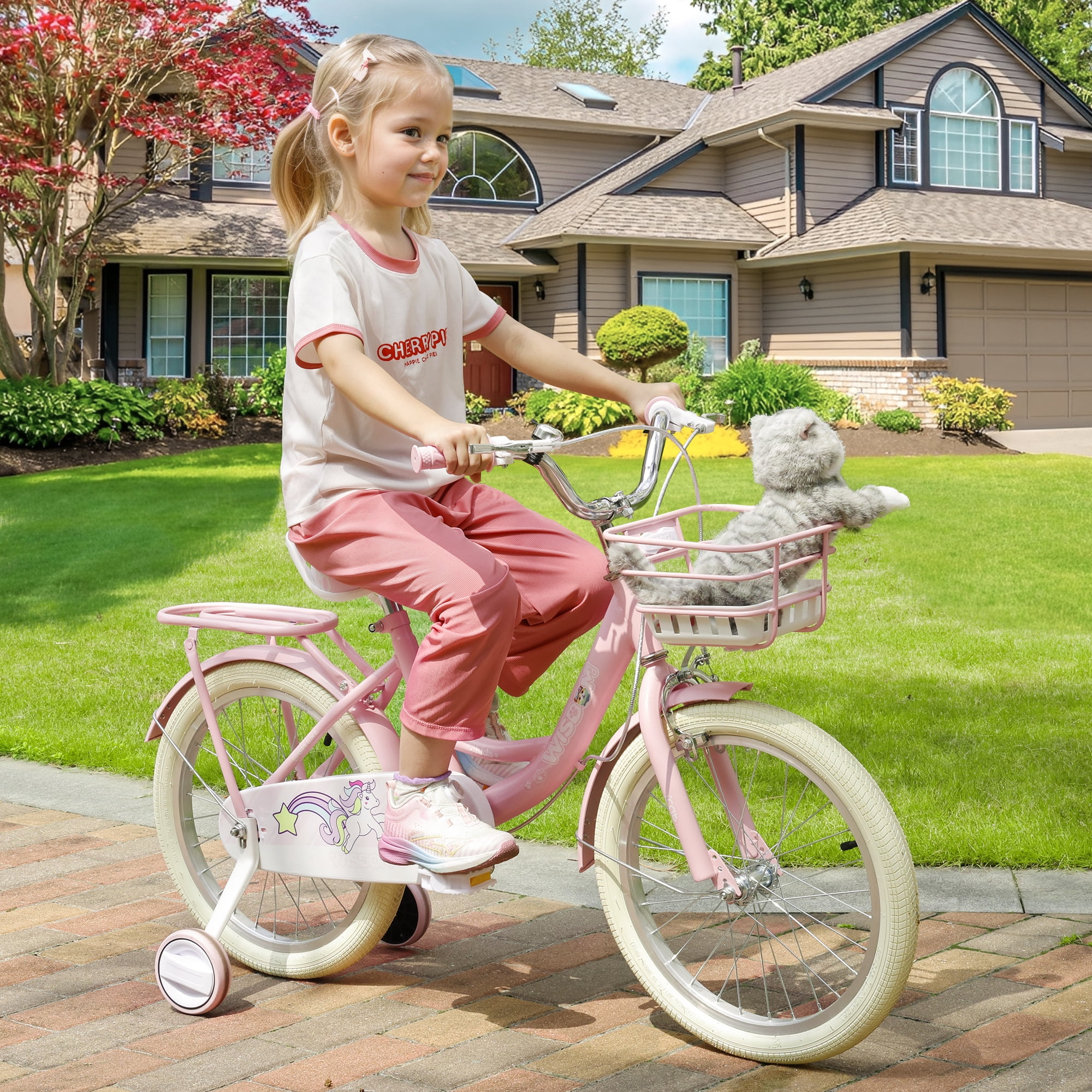 Bruce & Shark Kids Bicycle with Training Wheels and Basket (Pink, 18 in) 6vb7m - Image 7