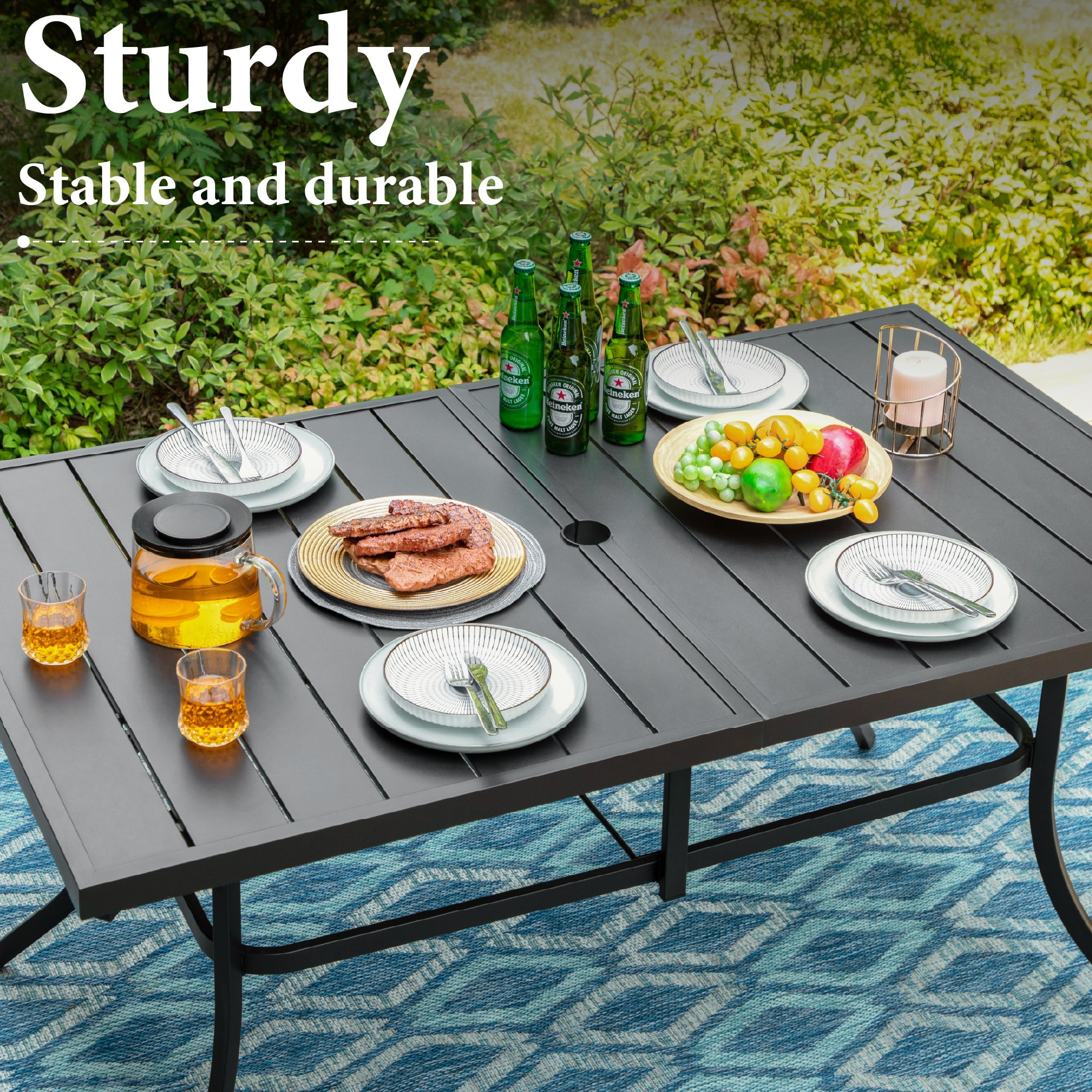 MF Studio 8-Piece Outdoor Patio Dining Set with 13ft Umbrella and 59 in Metal Table (Beige, 8-Piece Set) 5vx29